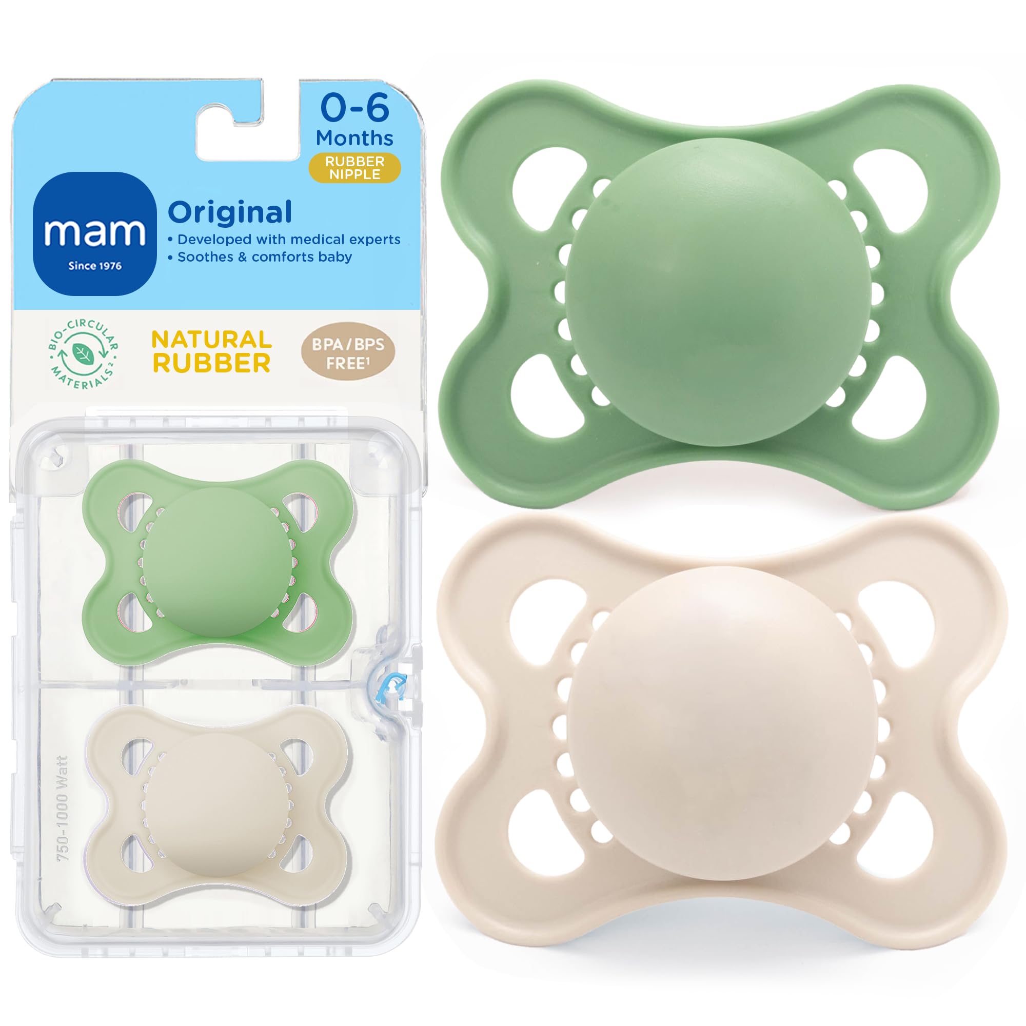 Original Latex Pacifiers, Binky Pacifier for 0-6 Months, Natural Rubber Nipple, Made from Bio-Circular Materials, Easy to Clean, with Sterilizer Case, 2 Count Binkies
