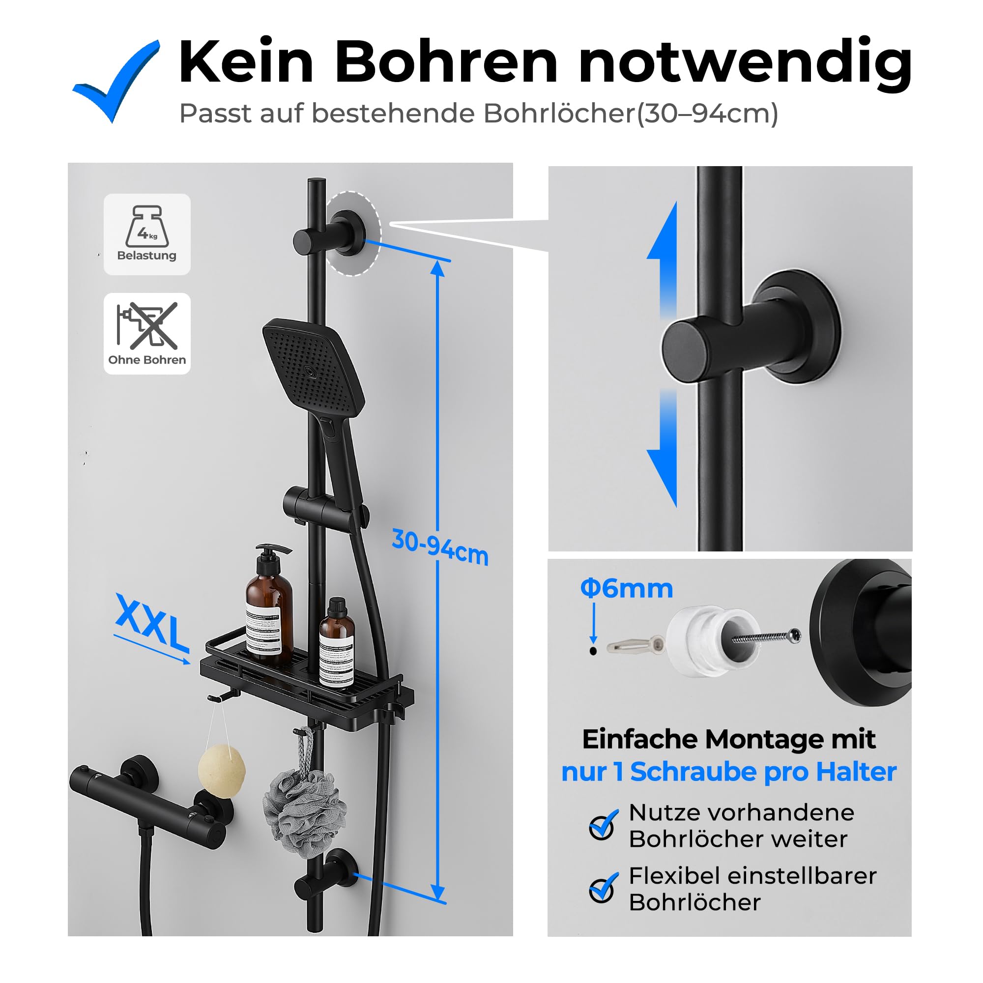 JOHO Barra de Ducha de Acero Inoxidable, Columna Ducha Sin Grifo con Soporte de Alcachofa y Soportes de pared Ajustable Adaptarse a los orificios existentes, Estante, 100 cm Negro