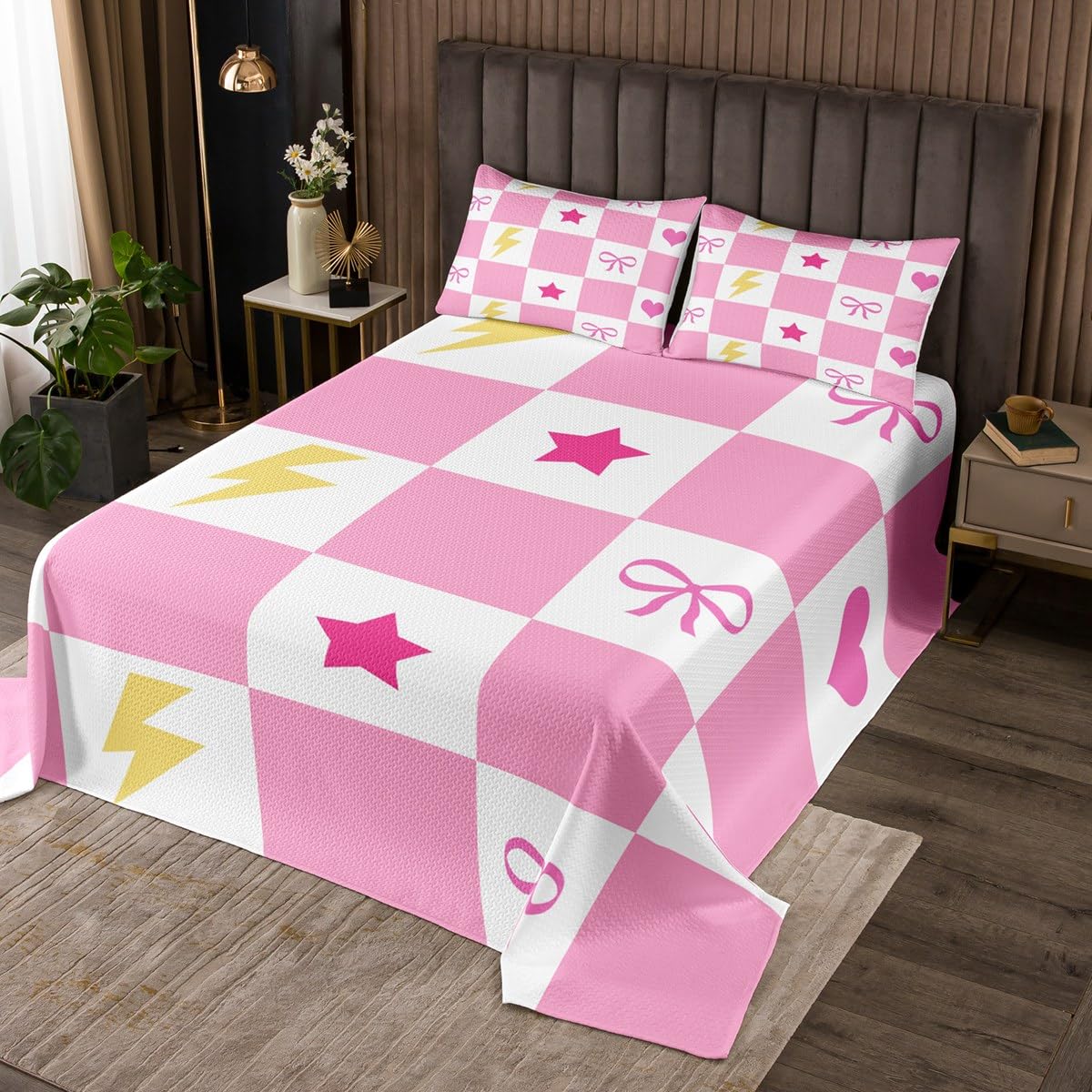 Castle Fairy Girly Pink White Grid Bedspread,Cartoon Star Bowknot Lightning Decor Bedding Sets for Kids Girls Teens,Romantic Heart Hippie Simple Coverlet Set with 1 Pillowcase,Twin Size 2 Pcs