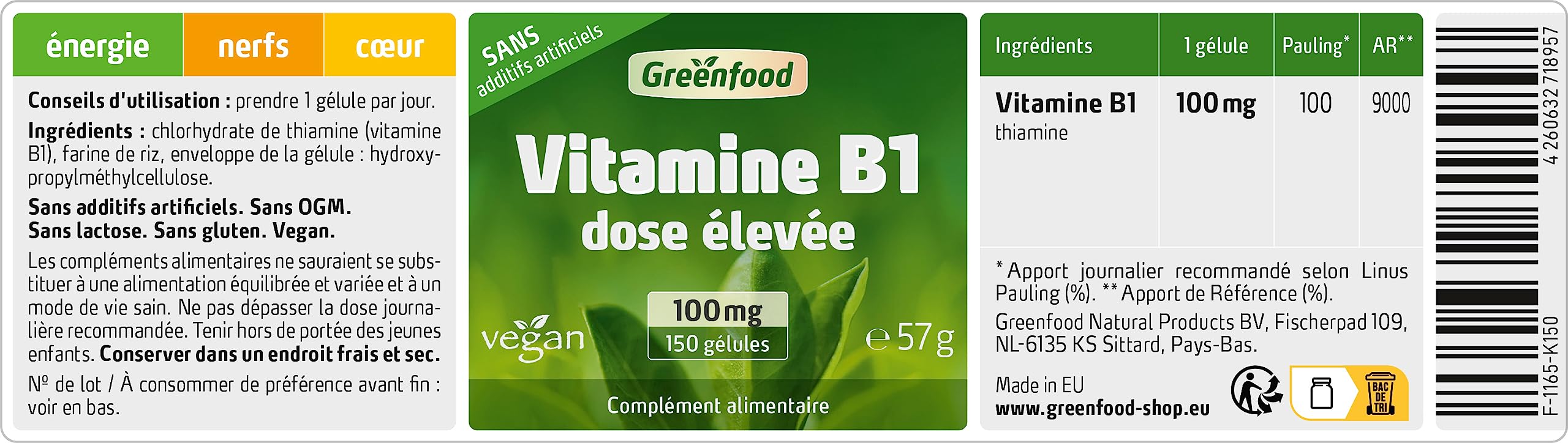 Greenfood Vitamine B1, 100 mg, gélules - SANS additifs artificiels | Pour le système nerveux et l’énergie, haute biodisponibilité, testé en laboratoire, sans OGM, vegan