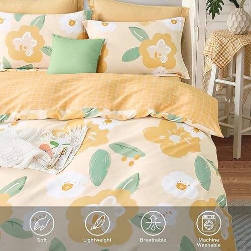 Miniatura 4 de SAPHREAS Juego de funda de edredón con estampado floral amarillo, 3 piezas, tamaño matrimonial, 100% algodón, juego de funda de edredón con