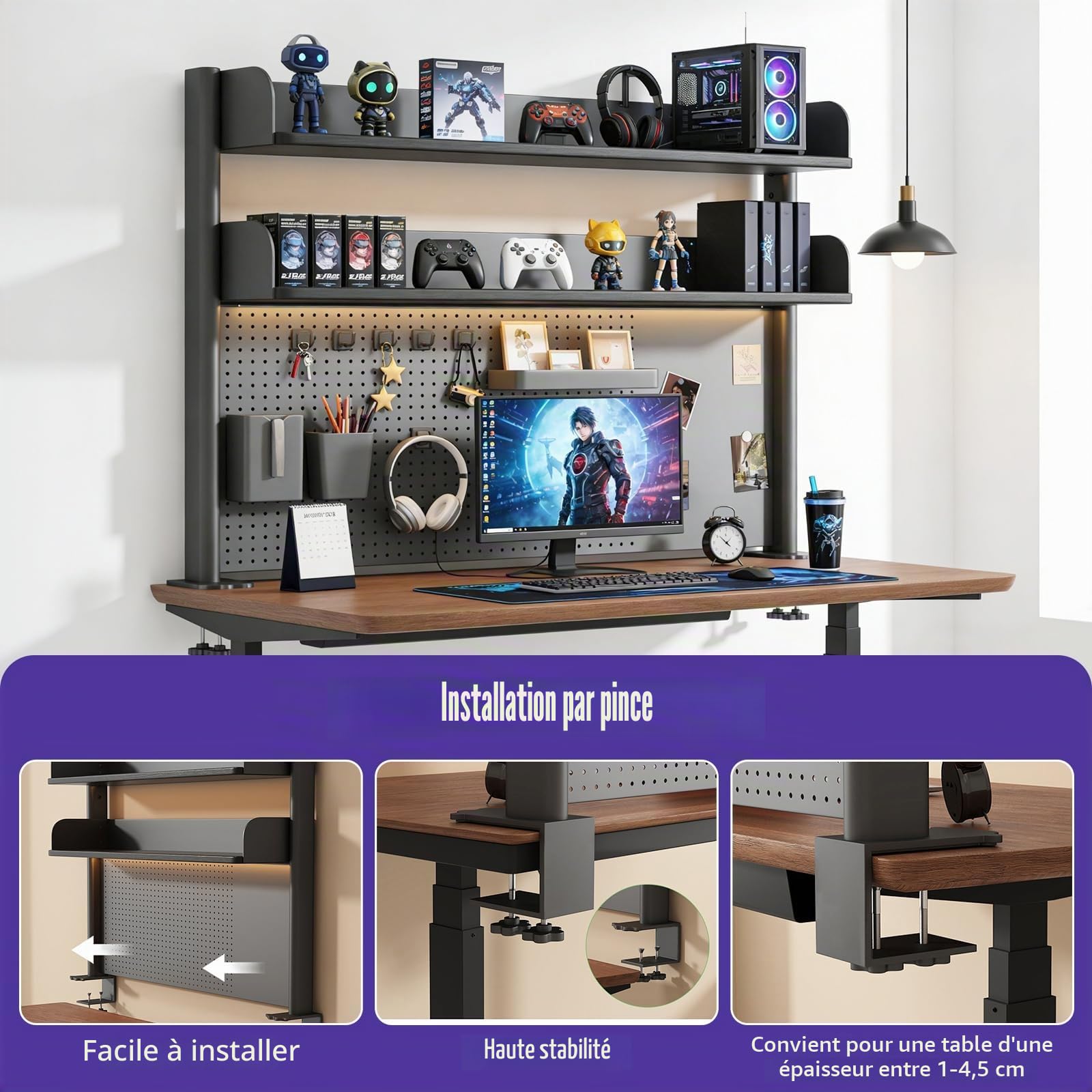 Étagère de bureau à deux niveaux avec panneau perforé, 80 cm