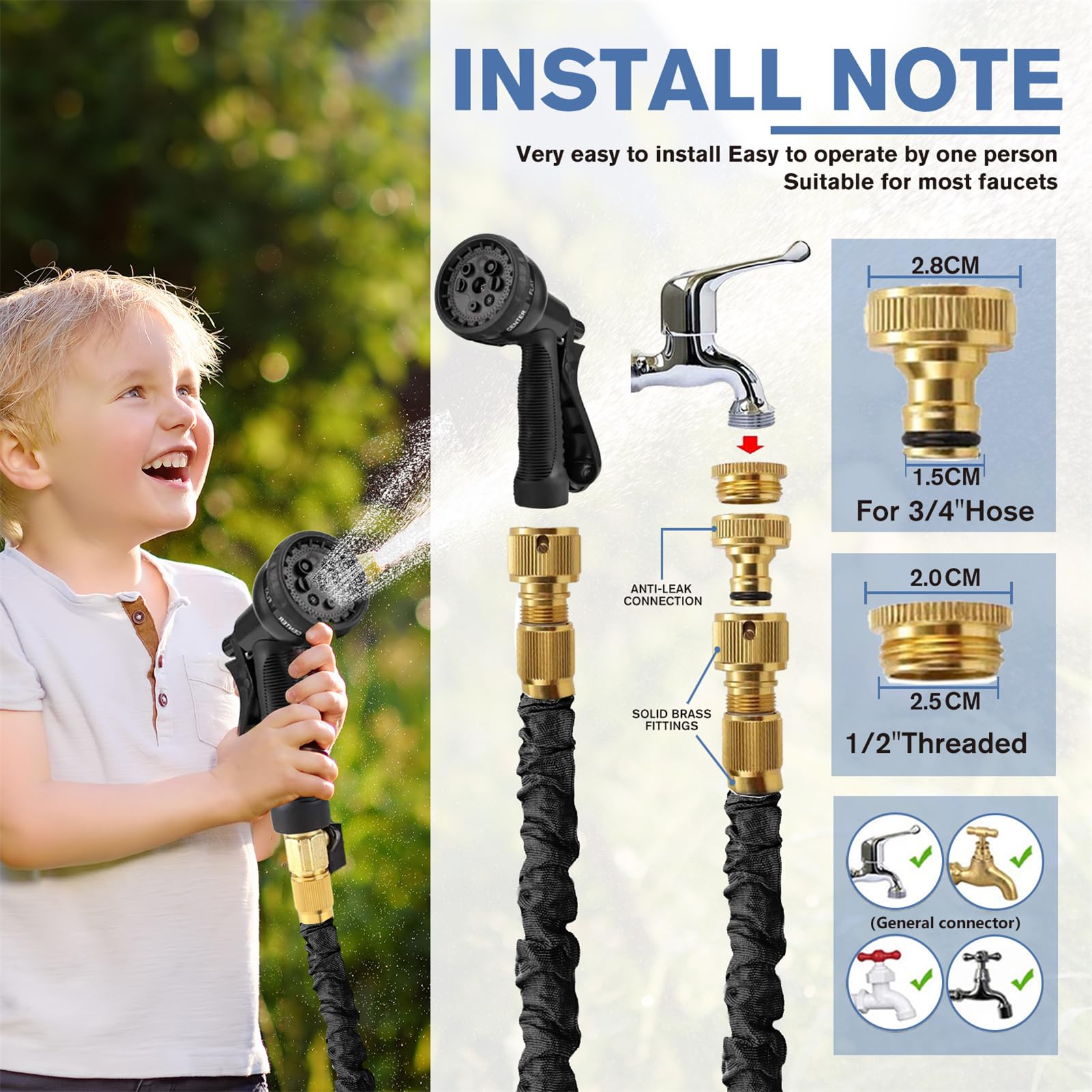 Tubo Estensibile da Giardino 60 Metri, Tubo Acqua Giardino per Irrigazione con Raccordi in Ottone da 1/2" e 3/4", Lattice a 3 Strati Resistente, Senza Pieghe, 8 Modalità di Spruzzo