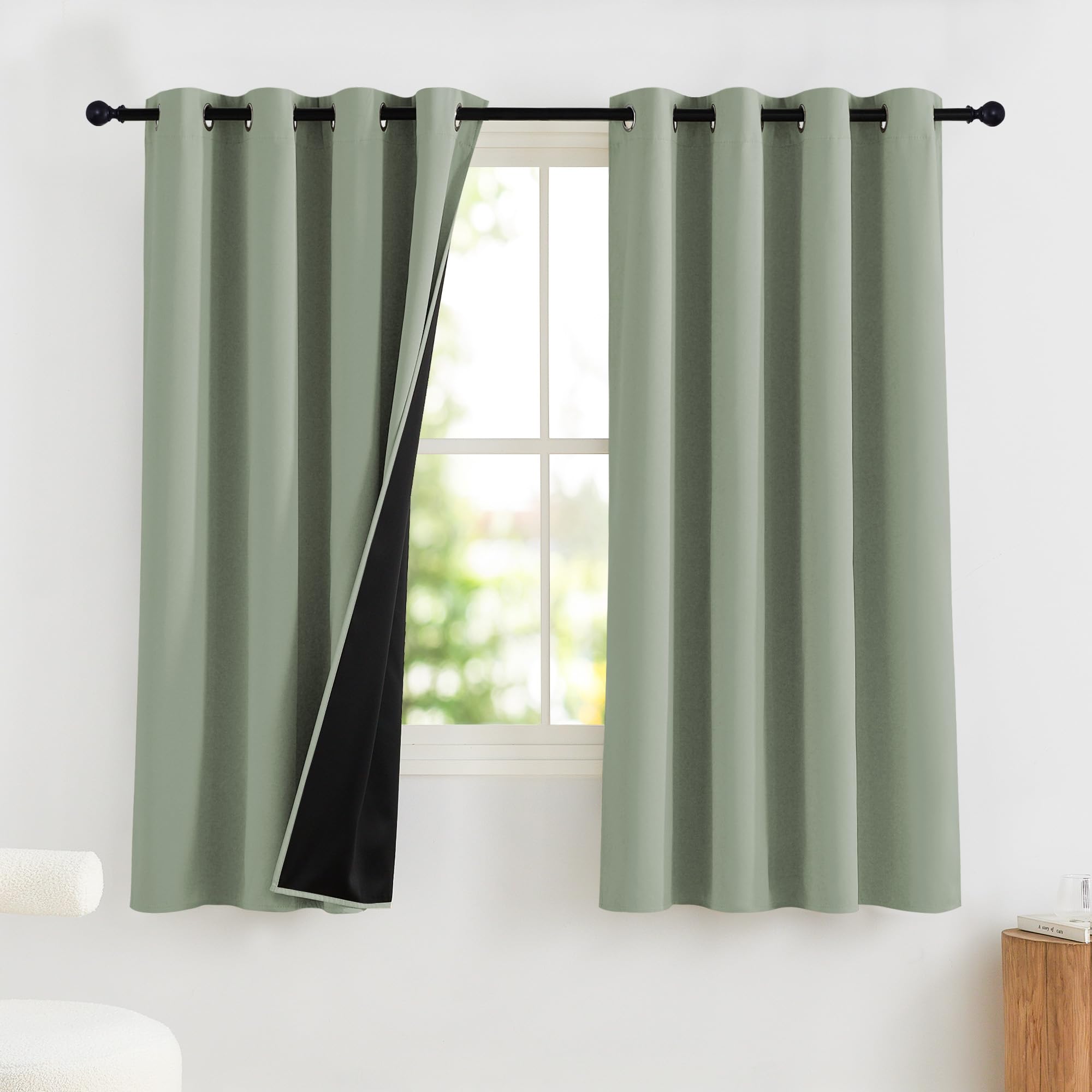 PONY DANCE Cortinas Dormitorio Cortas 2 Piezas,Cortinas Opacas Termicas Aislantes, Curtains Blackout con Ojales de Cocina Comedor,140x145cm,Verde Salvia Global Recycled Standard OEKO-TEX STANDARD 100 Global Recycled Standard Global Recycled Standard