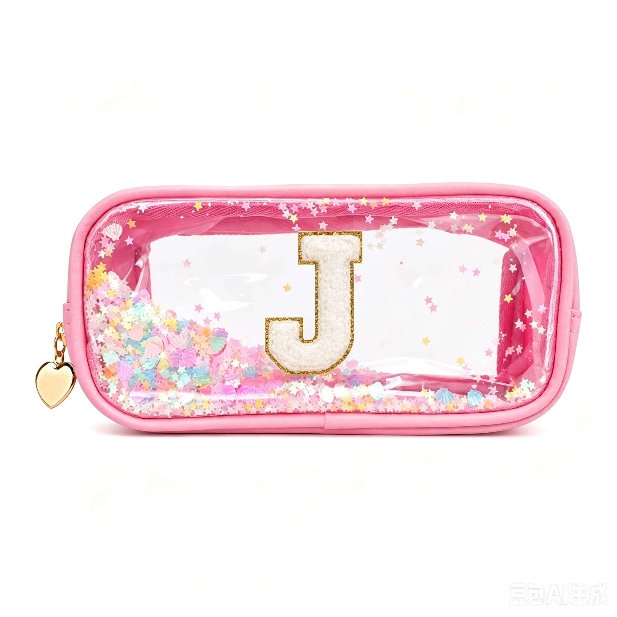 YCDKK The 26 Letters Clear Pink Pencil Case for Girls, Small Cute Transparent Pencil Case with A-Z Initial Design for School & Office, Portable Exam Zipper Pouch for Students, Teens & Women (J)