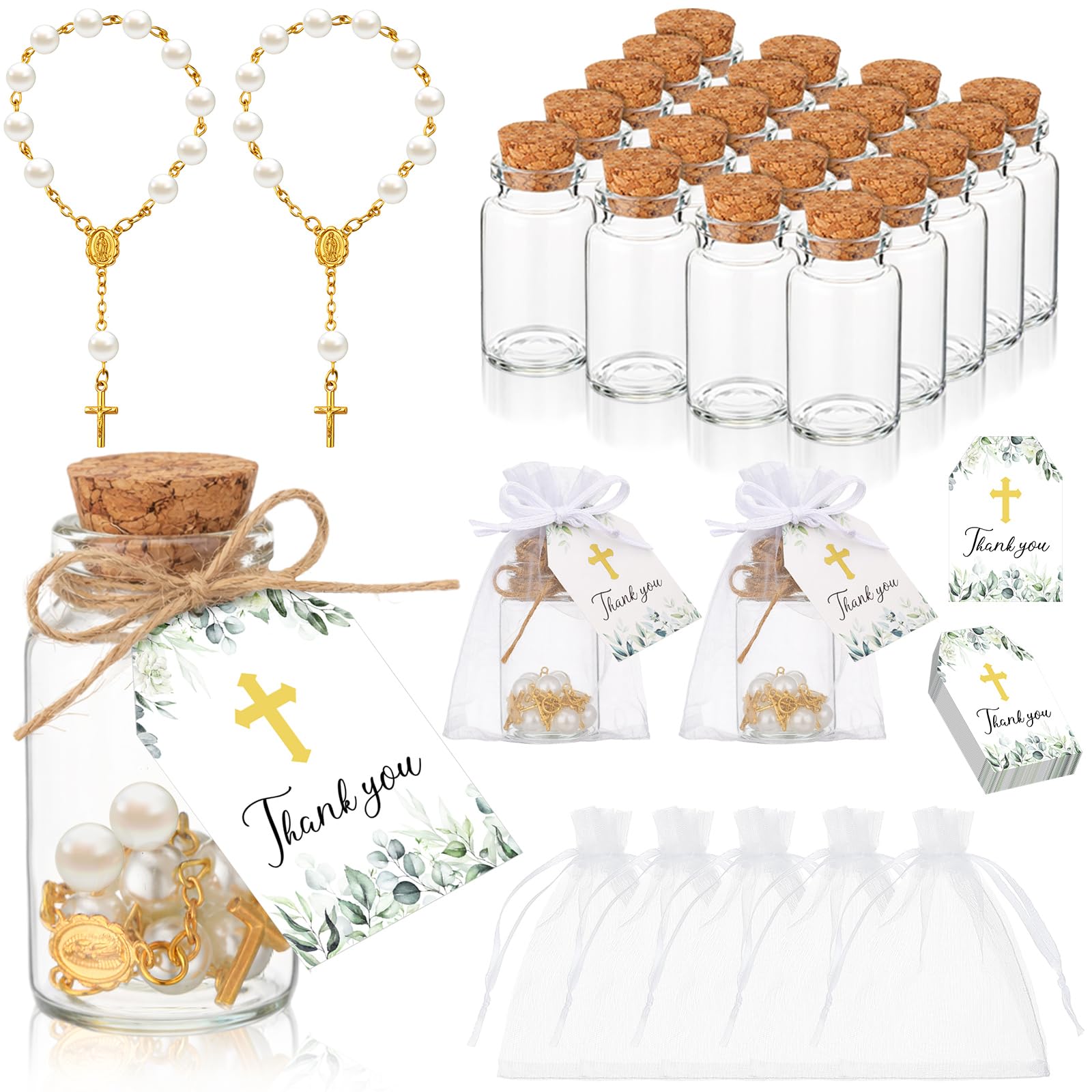Photo 1 of **NO BRACELETS** Hinly 100 Pcs Mini Rosary Baptism Favors Include 25 Sets Mini Rosary with Organza Bags, Baptismal Glass Bottles, Thank You Cards for Bautizo Recuerdos Christening Wedding Party Supplies(Gold)