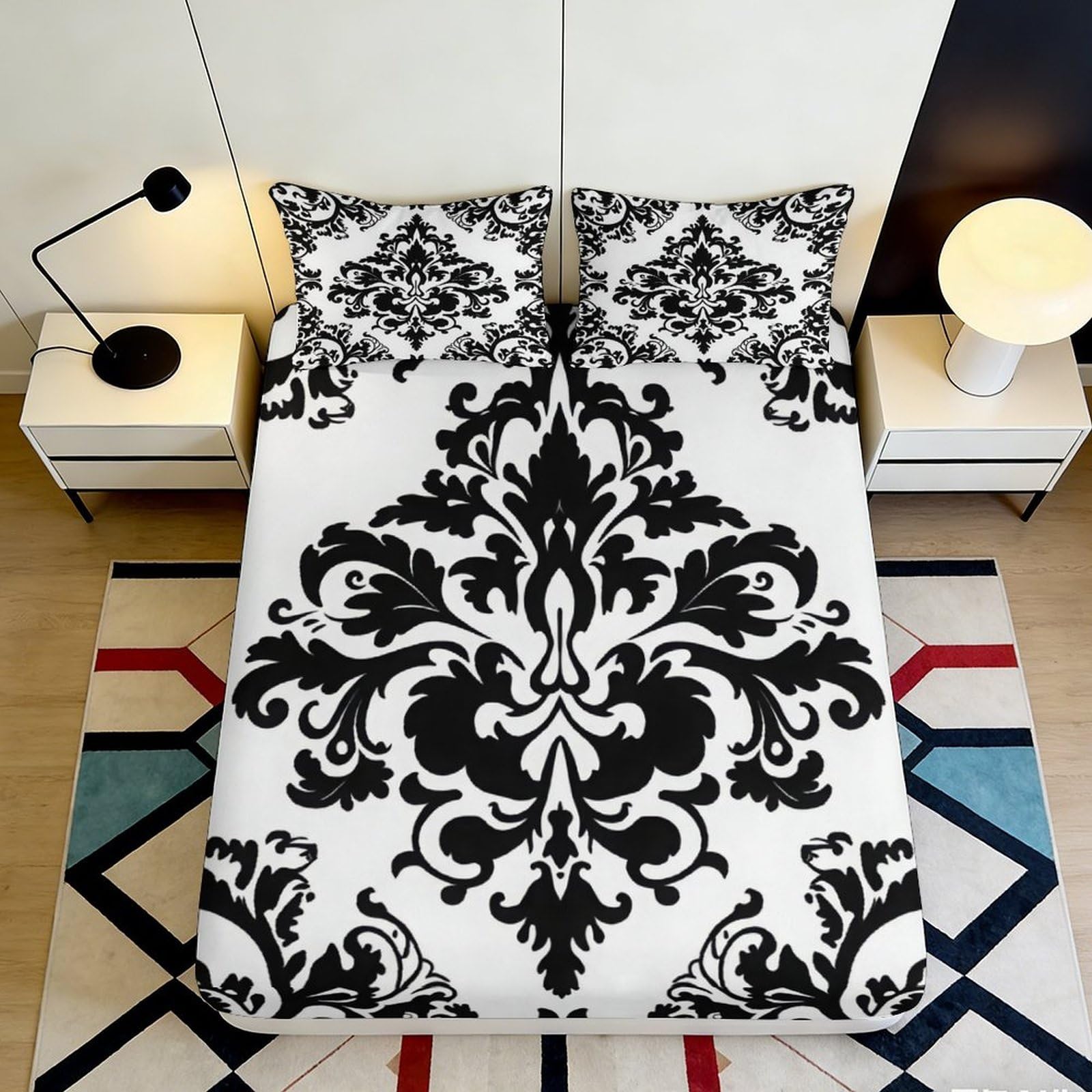 3D Printed Black White Damask Fitted Sheet Microfiber Soft Breathable Ornate Bed Cover for Bedroom Dormitory Guest Room Mattress Protection Decor 140x200x25cm