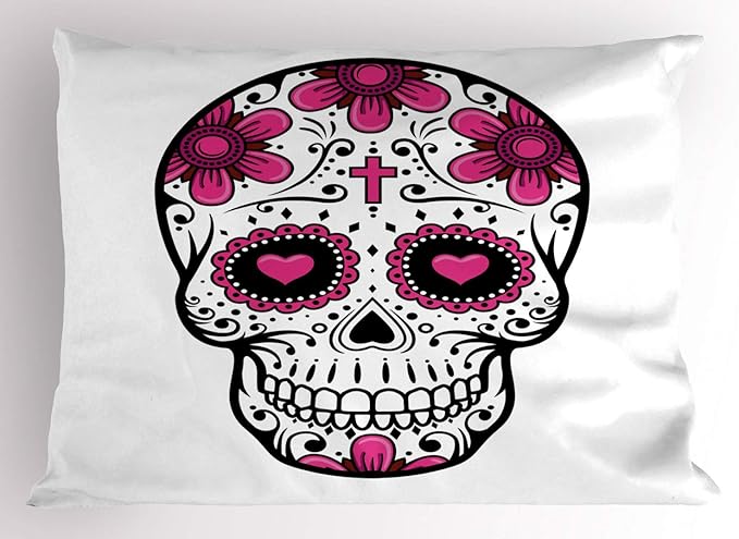 Ambesonne Sugar Skull Pillow Sham, Flowers and Hearts Swirls Cruciform Gothic Cultural Celebration Day, Decorative Standard Queen Size Printed Pillowcase, 30