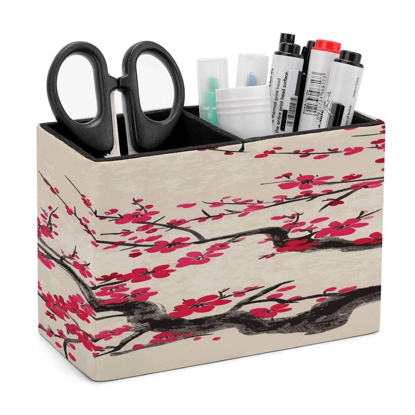 VstaDank Japanese Floral Cherry Blossom Pencil Holder for Desk Organizer 2 Compartments Pen Cup Leather Square Pen Holder Pencil Cup Stand Makeup Brush Holders for Desktop Organizer Storage Case