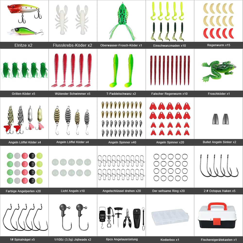 213 PCS Angelzubehör Set mit Lippenclips, Angelwaage，Hakenentferner, Haken, Angelköder etc,Angelkasten Set für Barsch und Forellen, 3-Regal Angelkoffer mit Zubehör für Kinder Erwachsene Anfänger