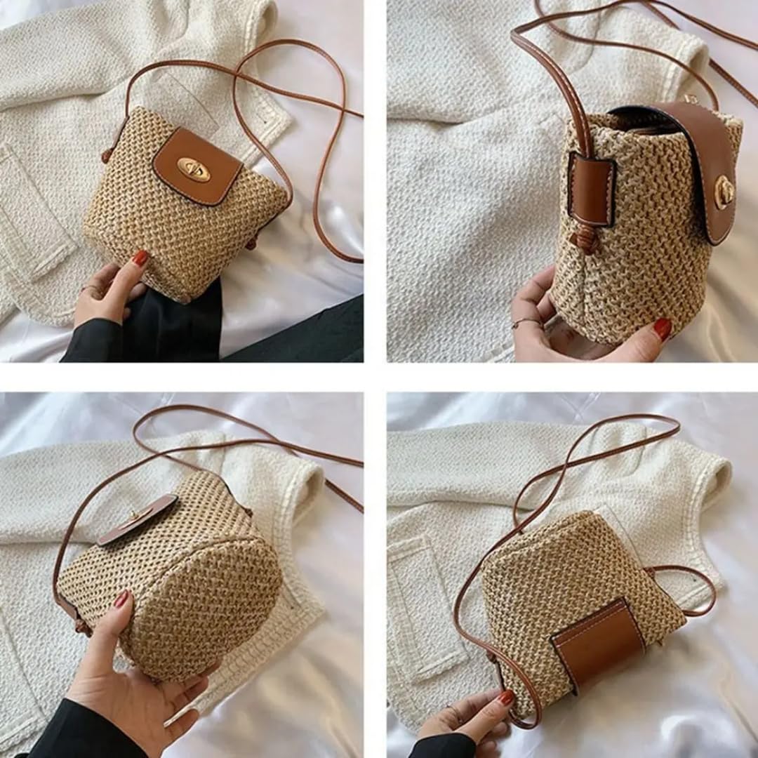 Strohtasche Trendige handgemachte Bohemien-Style Crossbody-Tasche Beach für Frauen(L)