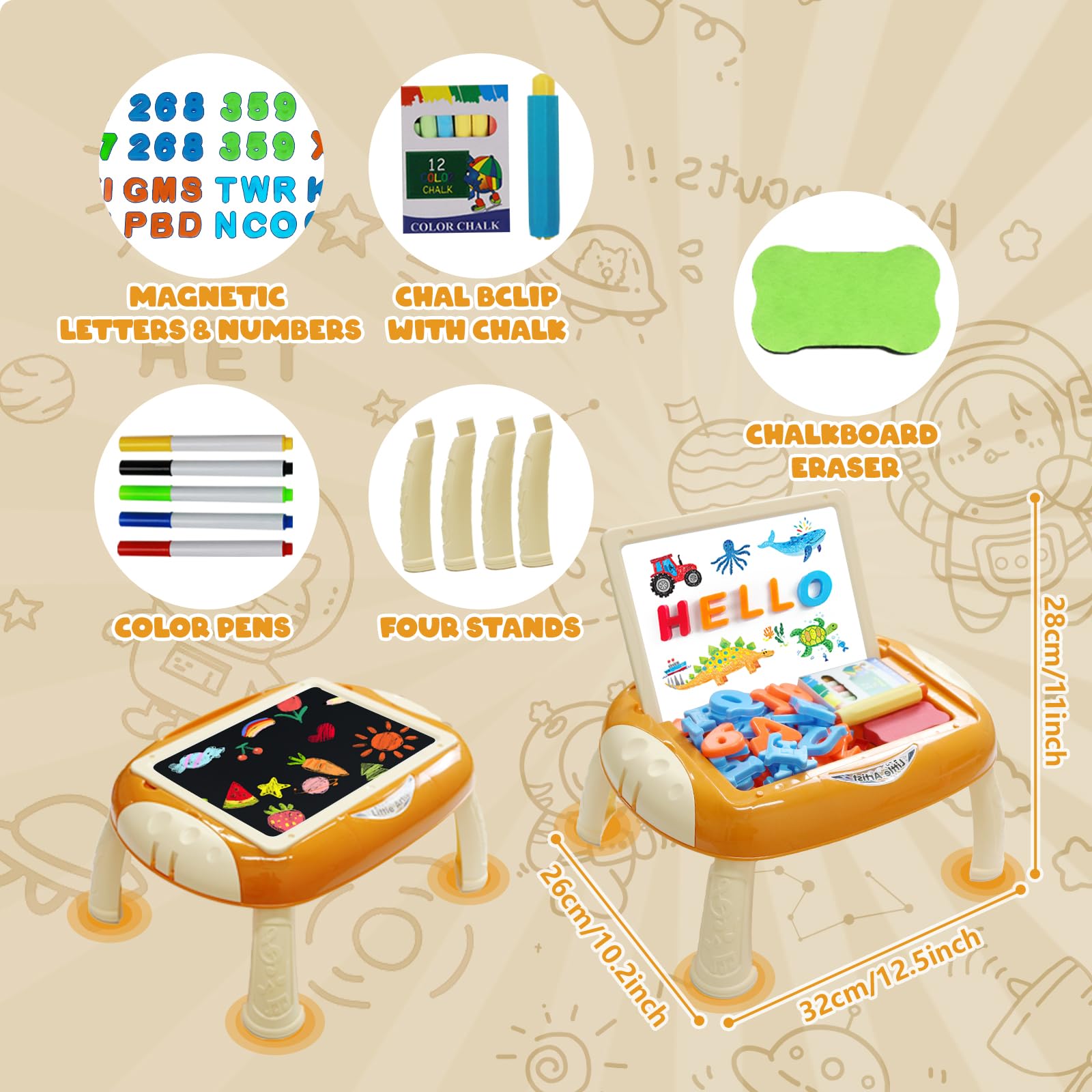 Cokzer Toddler Drawing Board with Accessories, Educational Toys for 1-2 Year Old Girls, Magnetic Letters and Numbers, Learning and Creative Play, Birthday Christmas Gifts (Creamy Orange)