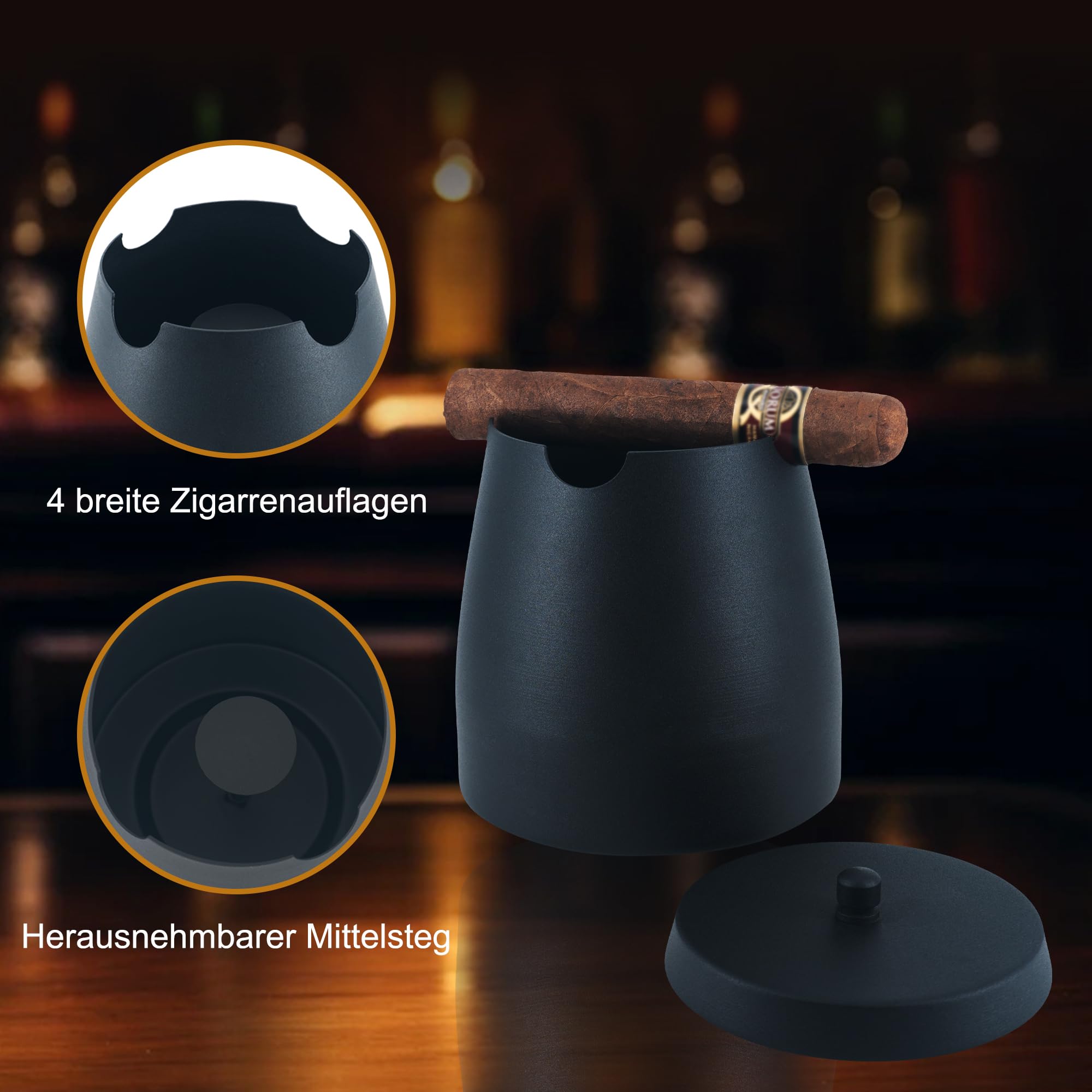 Zigarrenaschenbecher Groß mit Deckel, Winddicht & Regensicher für Drinnen und Draußen, 4 Zigarrenhalter Abnehmbarer Mittelsteg Rutschfester Boden, Zigarren Zubehör Geschenk für Männer (X-Large)