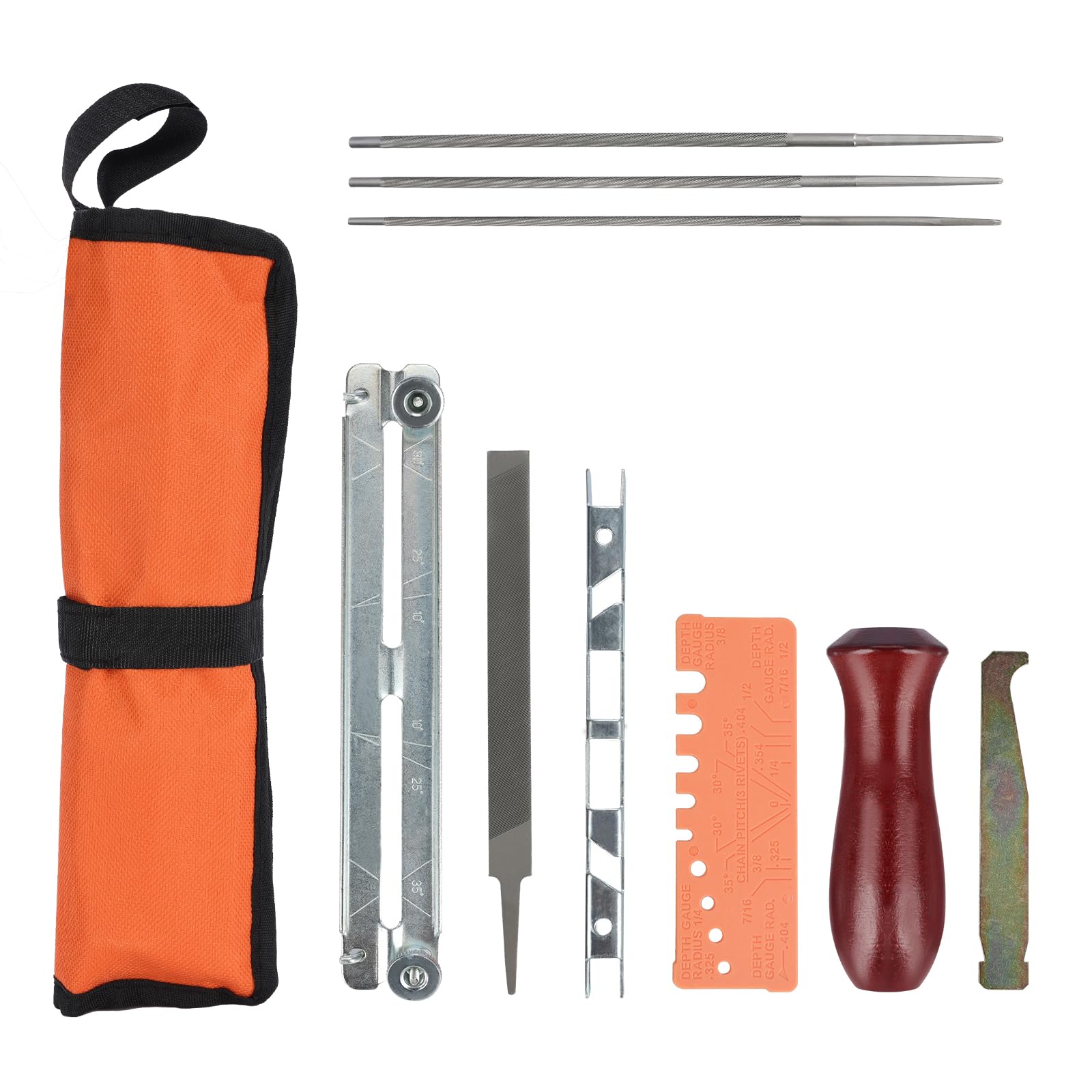 MORROWIND Kit de Afilador de Motosierra, 9 Piezas con Limas Redondas Planas de 4/4,8/5,5 mm, 6 Pulgadas, Calibre de Profundidad Y Calibre de Verificación Rápida, Naranja