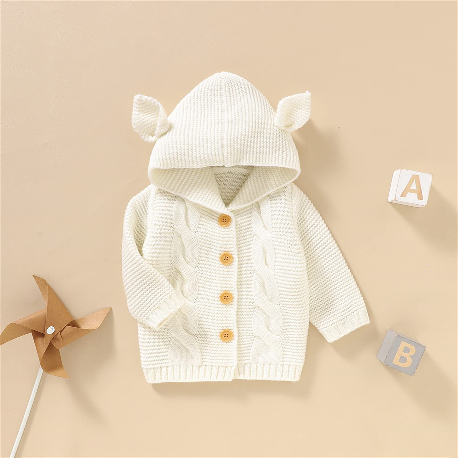 RNTOP Toddler Baby Cardigan Sweaters Infant Boy Girl Solid Color Long Sleeve Knitted Hooded (Beige, 9-12 Months)