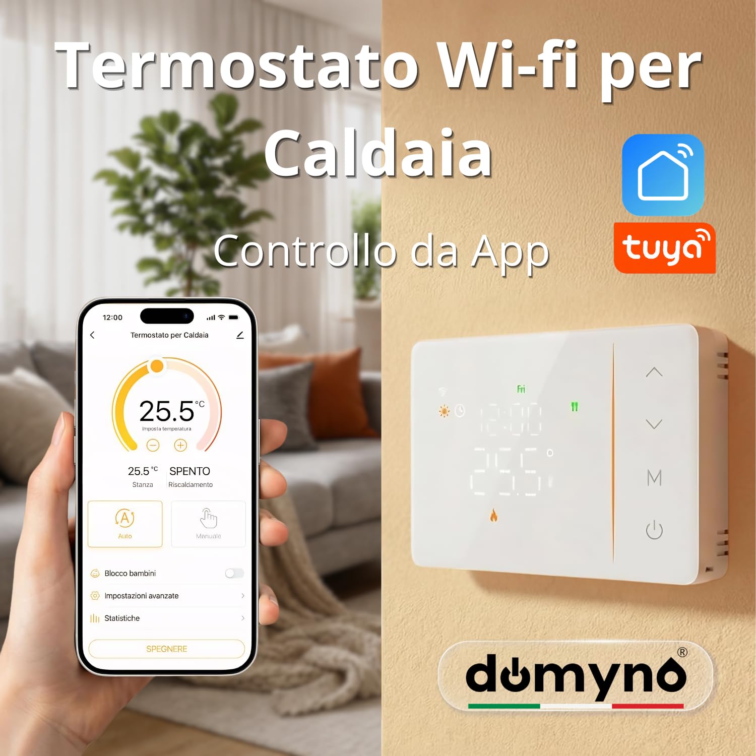 domyno Termostato WiFi a batterie per caldaia, controllo smartphone app alexa google cronotermostato intelligente da parete scatola 503, 502 programmazione settimanale e manuale (bianco)