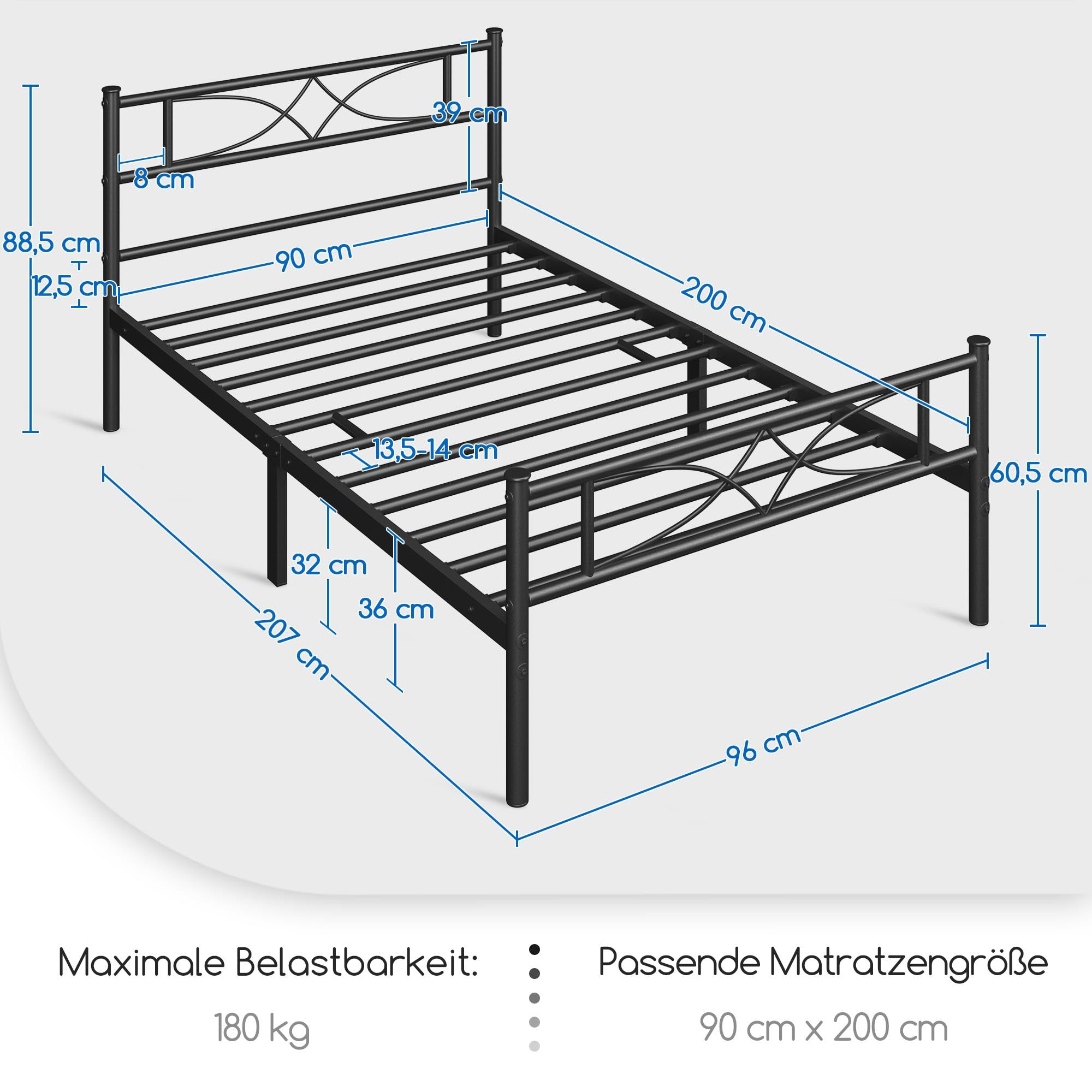 Yaheetech Metalowe ?ó?ko 90 x 200 cm, rama ?ó?ka z wysokim zag?ówkiem, ?ó?ko dla go?ci ze stela?em do sypialni, pokoju go?cinnego, du?o miejsca do przechowywania pod ?ó?kiem, czarne | Ze stelażem do sypialni, pokoju gościnnego, dużo miejsca do przechowywa