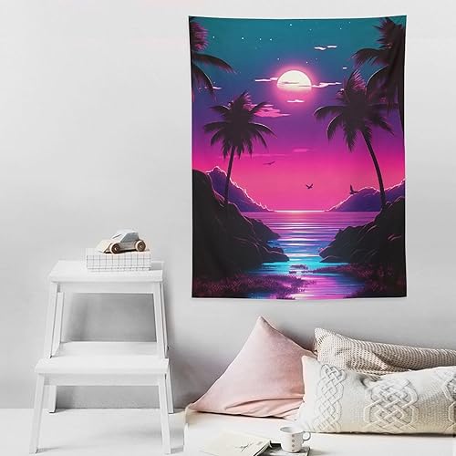 Miniatura 8 de QEOPGNE Tapiz grande para colgar en la pared, diseño nostálgico, retro, neón, atardecer, Synthwave, banderas de pared moradas, tapiz para