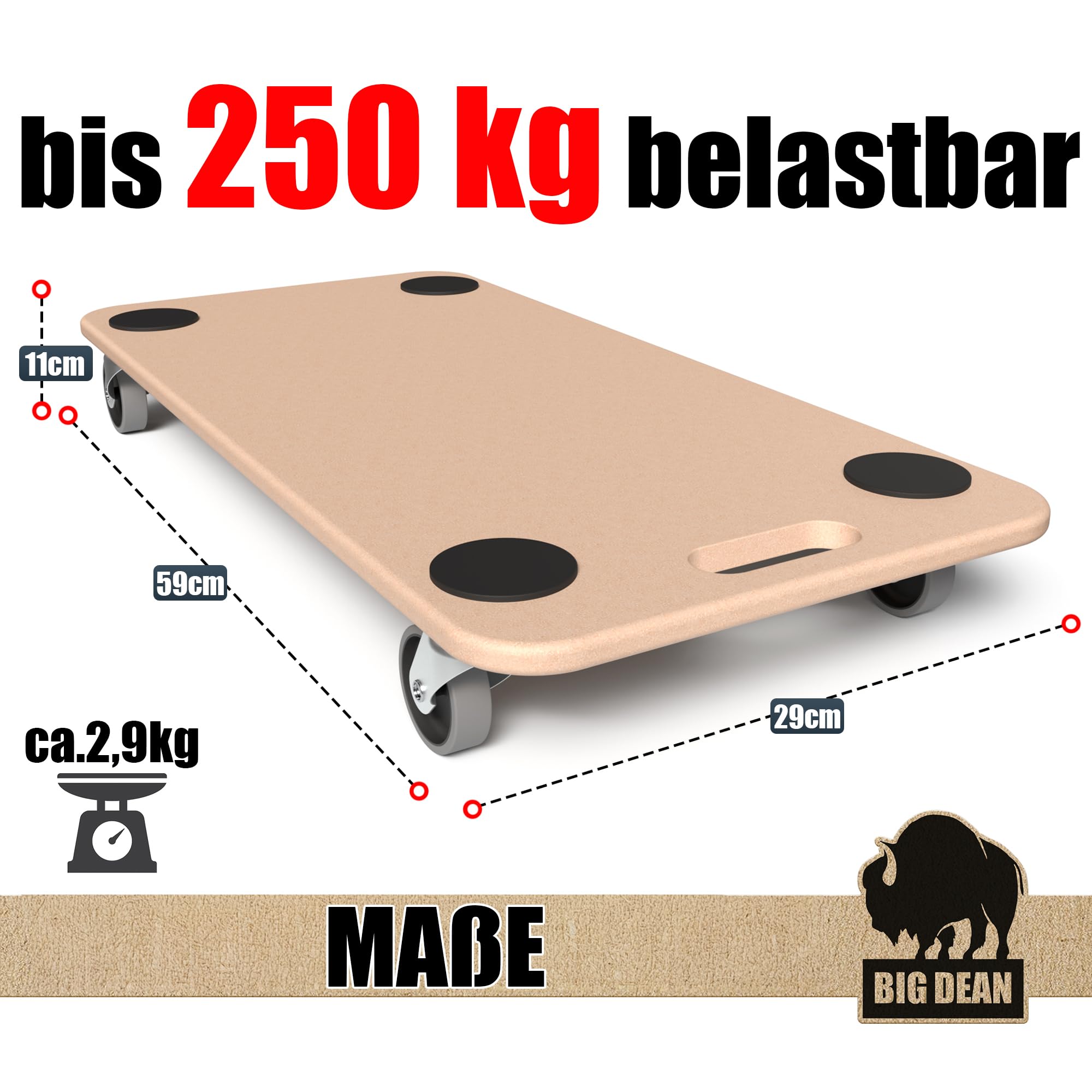 Lot de 3 roulettes de transport 200 kg pour meubles en MDF