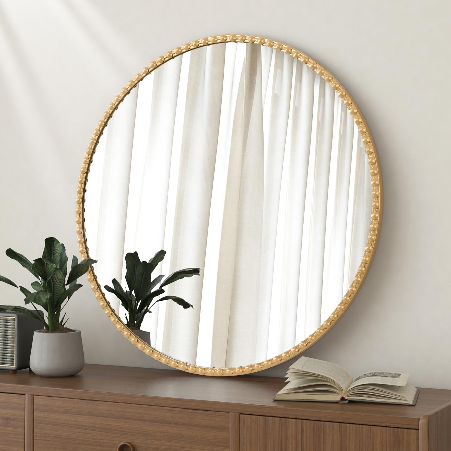 Lzuso Hanging Round Mirror Modern Circle Metal Framed Round Mirrors with Beaded for Bathroom Living Room Home Entryway Decorative Gold 70x70cm