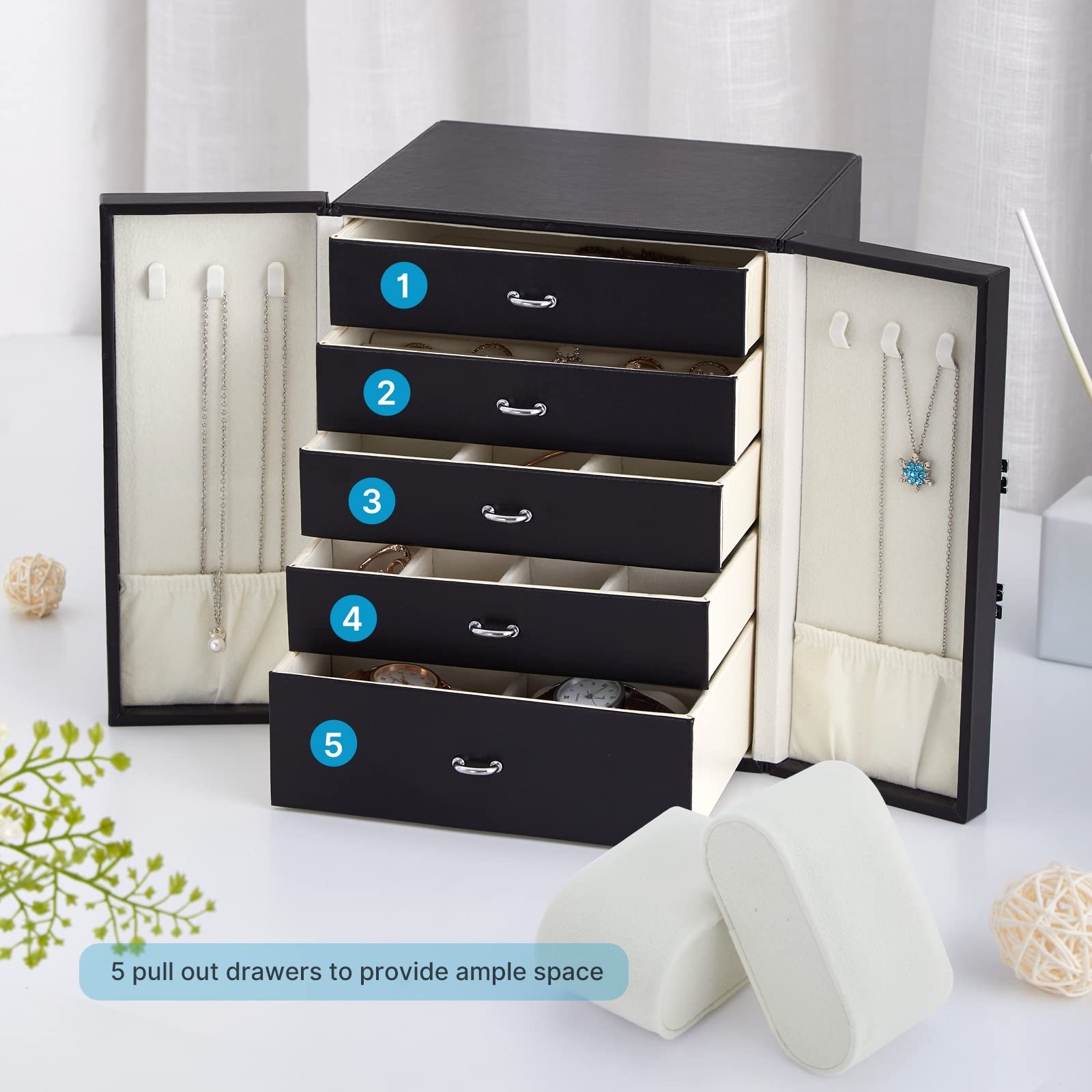 Mondeer Caja de Joyas de 5 Niveles, Joyero Grande, Cajones y Almohada para Relojes, Múltiples Compartimentos de Almacenamiento, Adecuado para Pendientes, Gafas de Sol, Pulseras, Cuero PU, Negro
