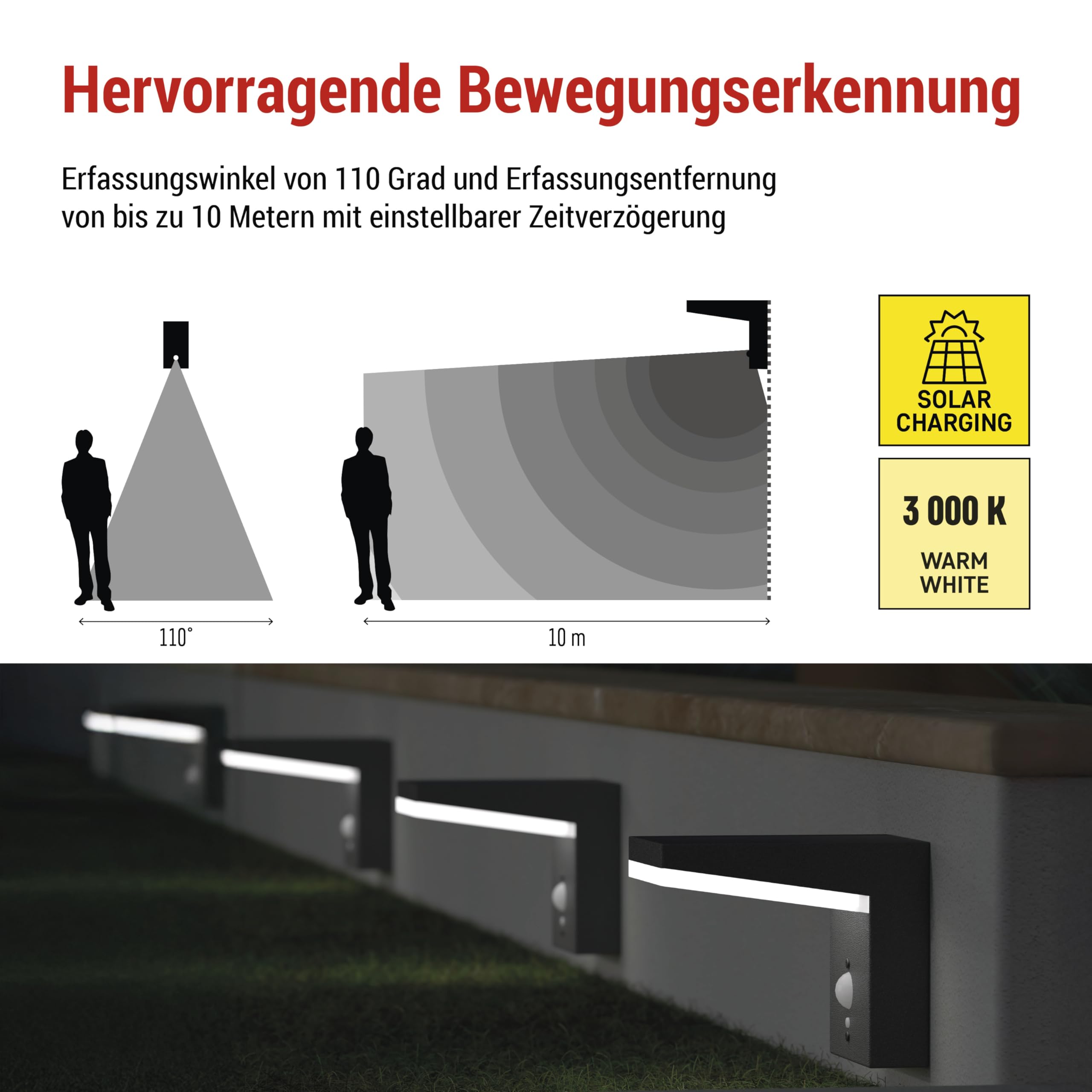 EMOS - Solarna lampa ścienna LED VEREA z czujnikiem ruchu do domu i ogrodu – wodoszczelne solarne oświetlenie ogrodowe z czujnikiem, jasność 460 lm, ciepła biel – obudowa z aluminium do montażu na