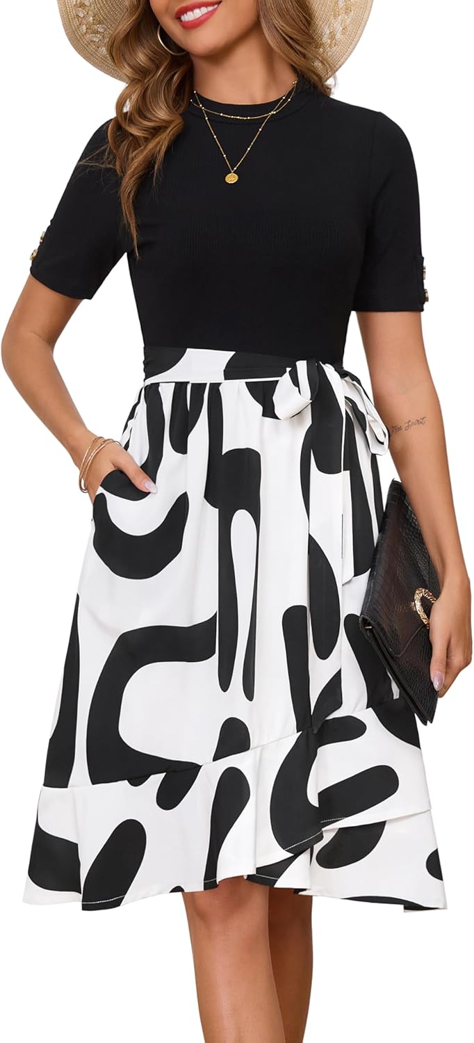 Annebouti Womens 2026 Short Sleeve Summer Spring Ribbed Modest Semi-Formal Teacher Casual Work Midi Dress with Pockets