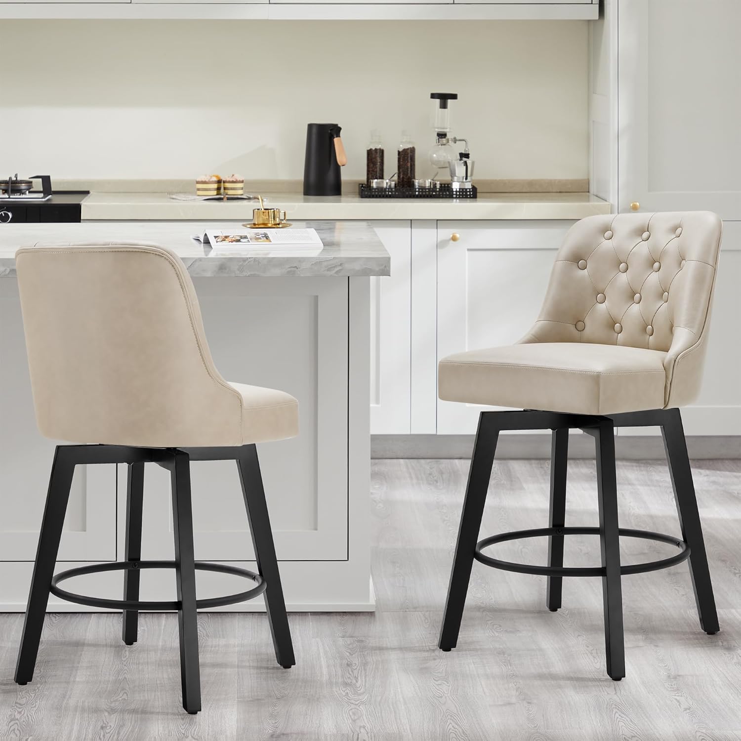Counter Height Swivel Barstools with Back,26" H Seat Height Upholstered Bar Stools for Kitchen Island,Set of 2,Beige Leather Beige Leather Set of 2