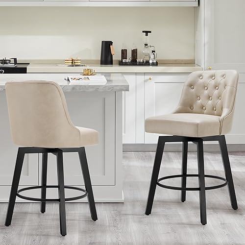 Counter Height Swivel Barstools with Back,26" H Seat Height Upholstered Bar Stools for Kitchen Island,Set of 2,Beige Leather