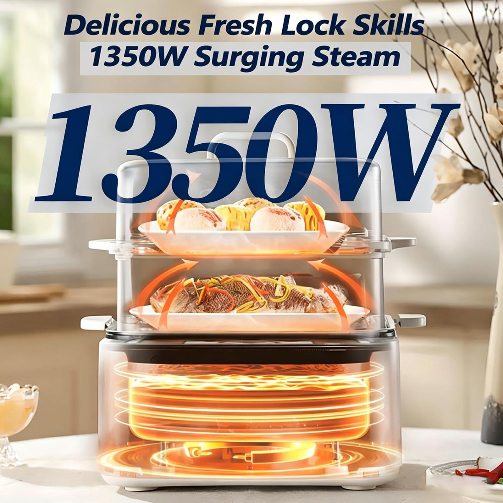 12L Elettrico Steamer Alimentare 1350W Acciaio Inossidabile, Smart Touchscreen con 8 preimpostazioni e 24H Timer, fornello Multifunzionale per pasti sani e Uso Domestico