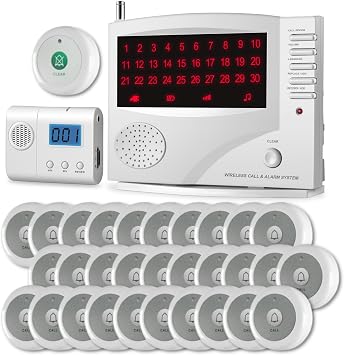 Wireless Calling System with 1 LCD Pager, 30 Call Buttons, 1 Clear Call Button & 1 Monitoring Unit White