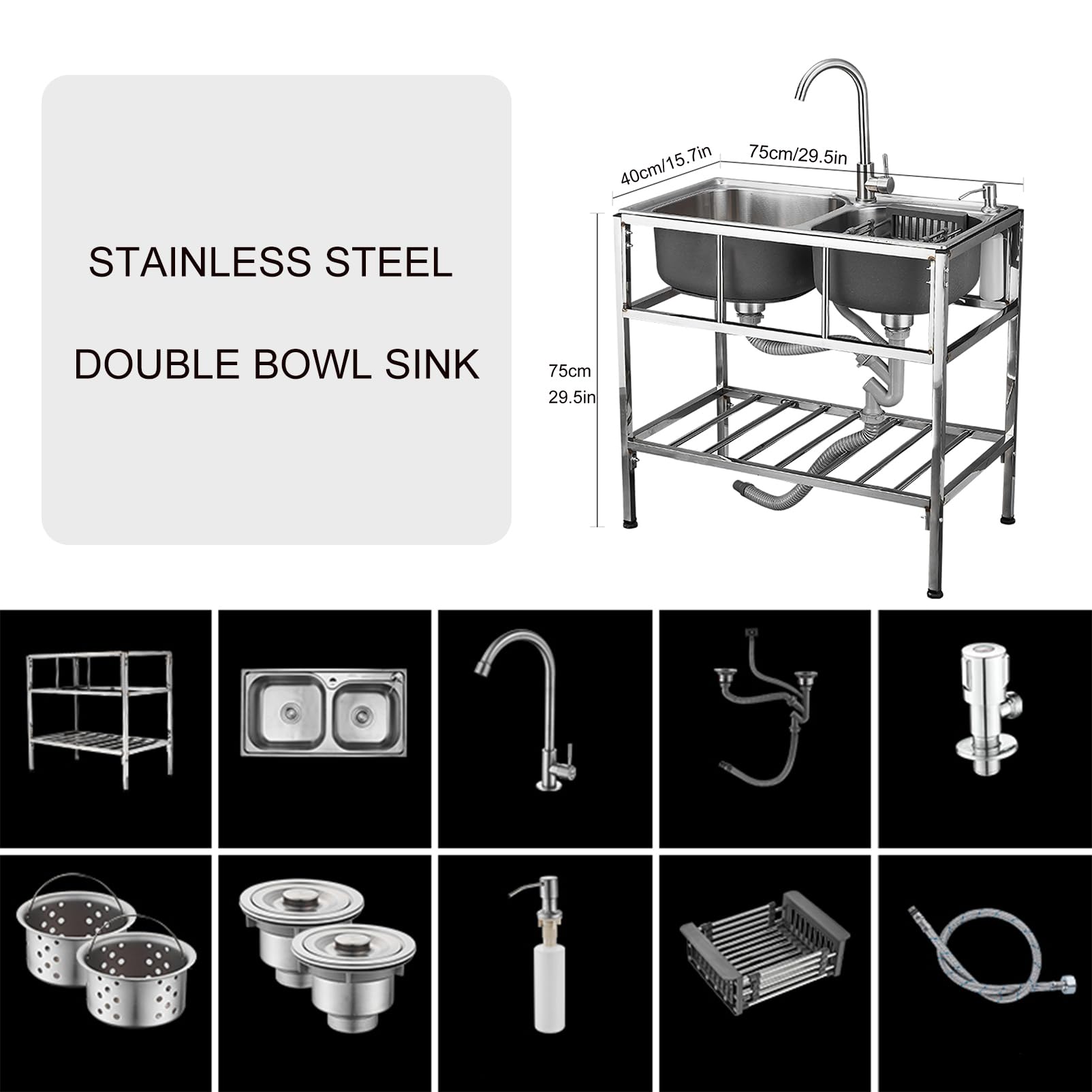 Lavello Commerciale a Doppia Vasca in Acciaio Inox, autoportante, con Rubinetto, Mobile per Esterni, Ideale per ristoranti e lavanderie, dal Design Resistente e Versatile.