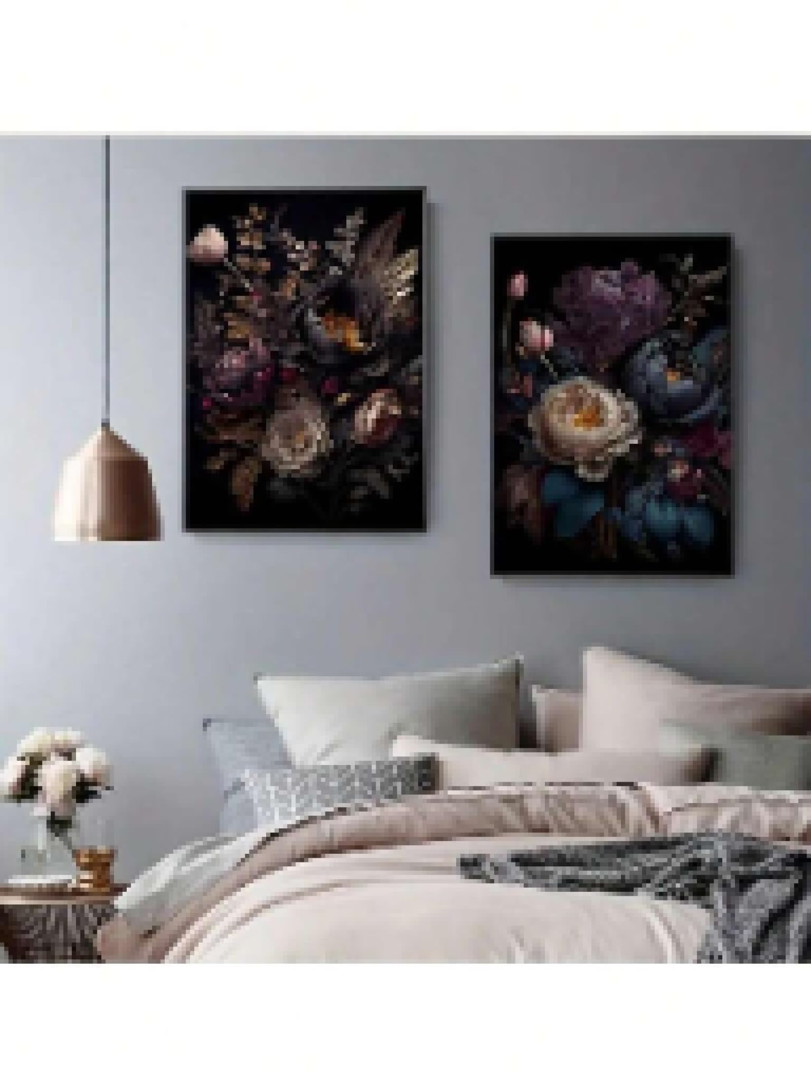 Peinture florale aux tons sombres style vintage abstrait cadre bois 30x50cm - 8