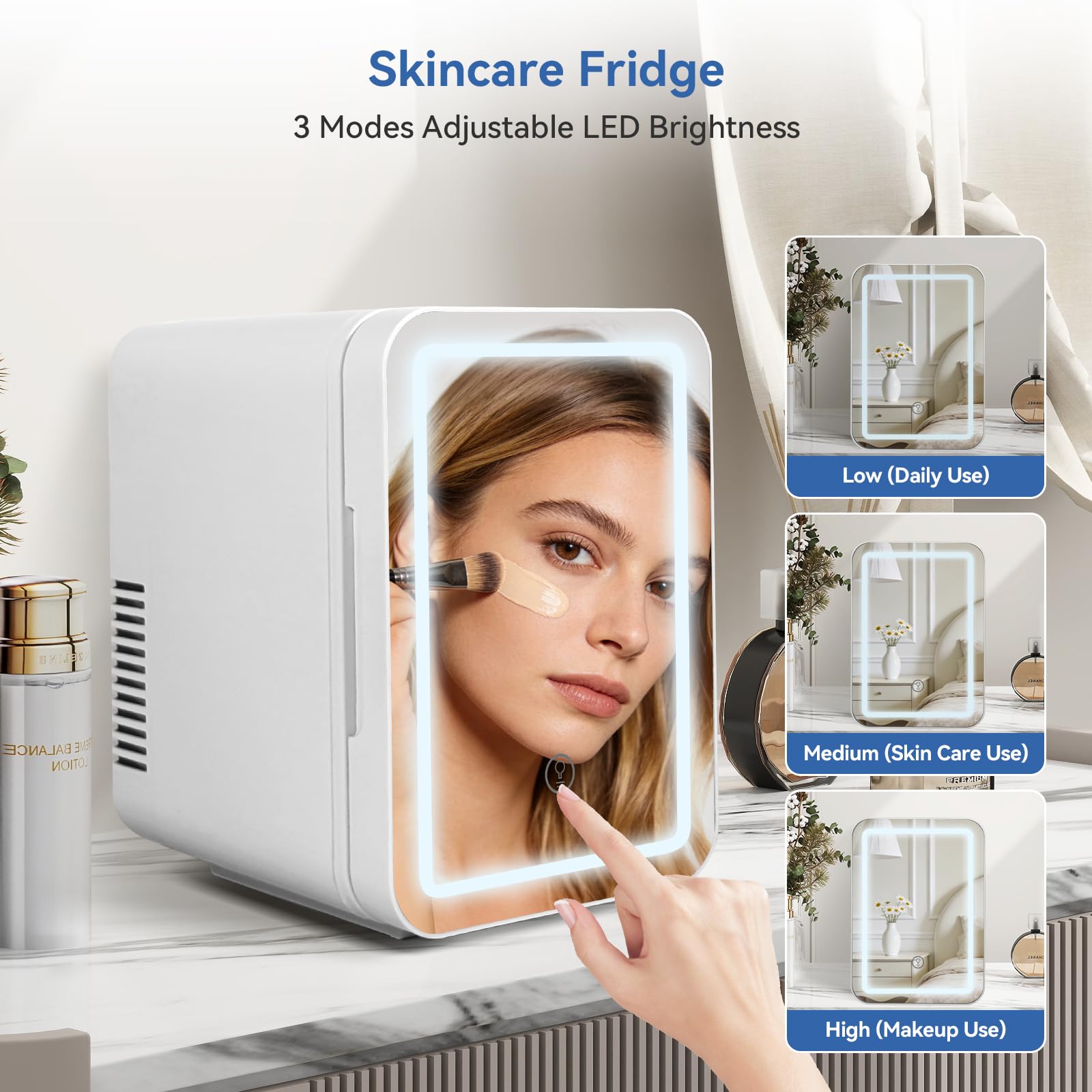 Kwanner 4L Portable Skincare Fridge with Dimmable LED Light Mirror - Cooler & Warmer Mini Fridge for Bedroom Office, Compact Cosmetic Fridge for Makeup, Food, Drinks (White) — view 3