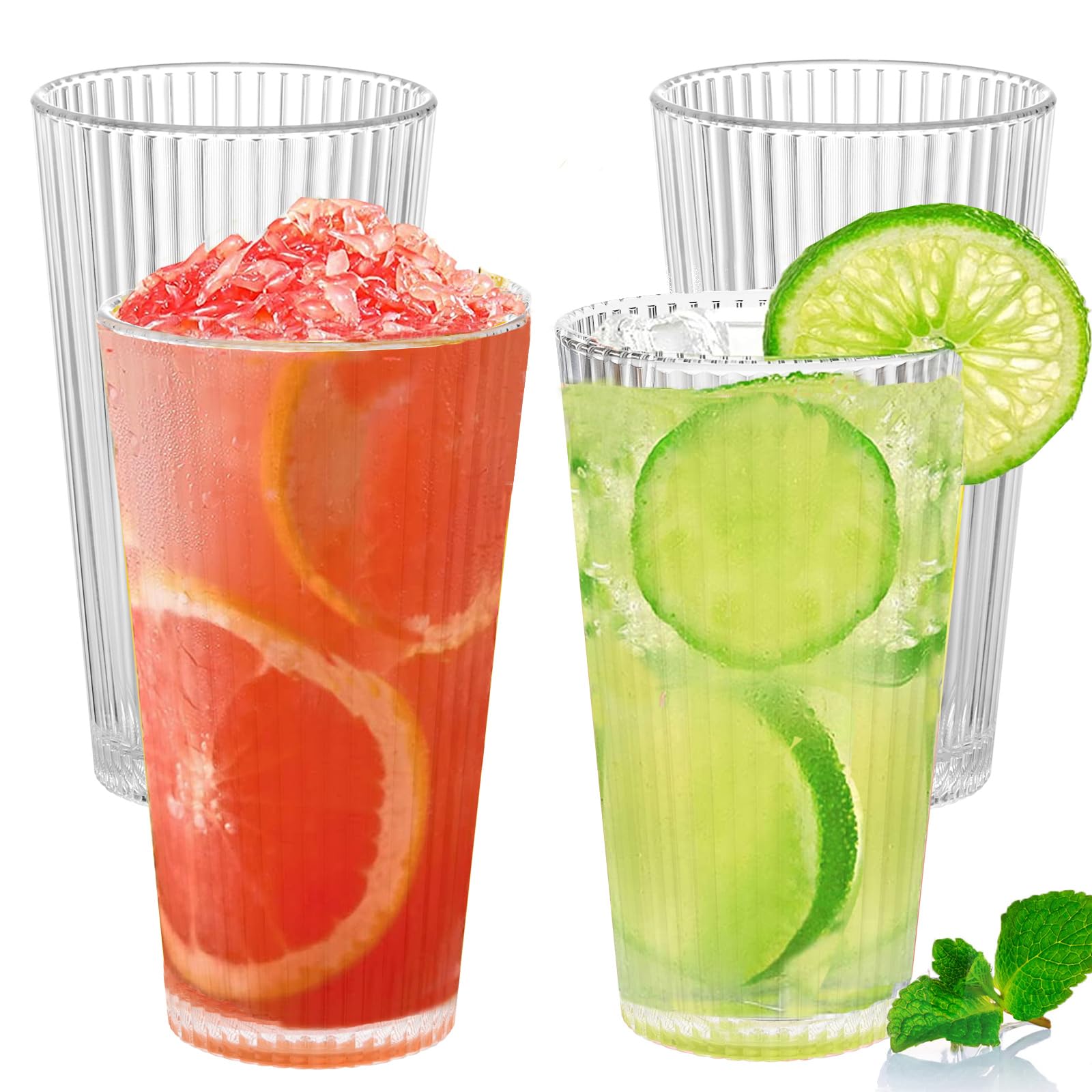 600ml Plastic Tumblers, Large Capacity Water Cups Acrylic Drinking Glasses Tumblers, 20 Oz Unbreakable Picnic Drinkware, Stackable Glassware Cocktail Glasses for Beach Party Beer, Tea, Juice, 4 Pcs