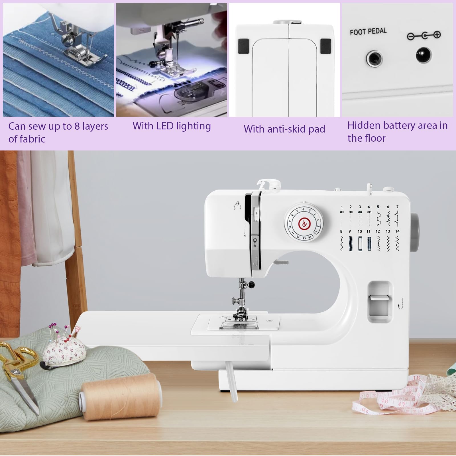 Máquina de Coser Profesional y Portátil con Mesa de Extensión - 14 Programas de Costura y 64 Carretes de Colores para Principiantes (A)