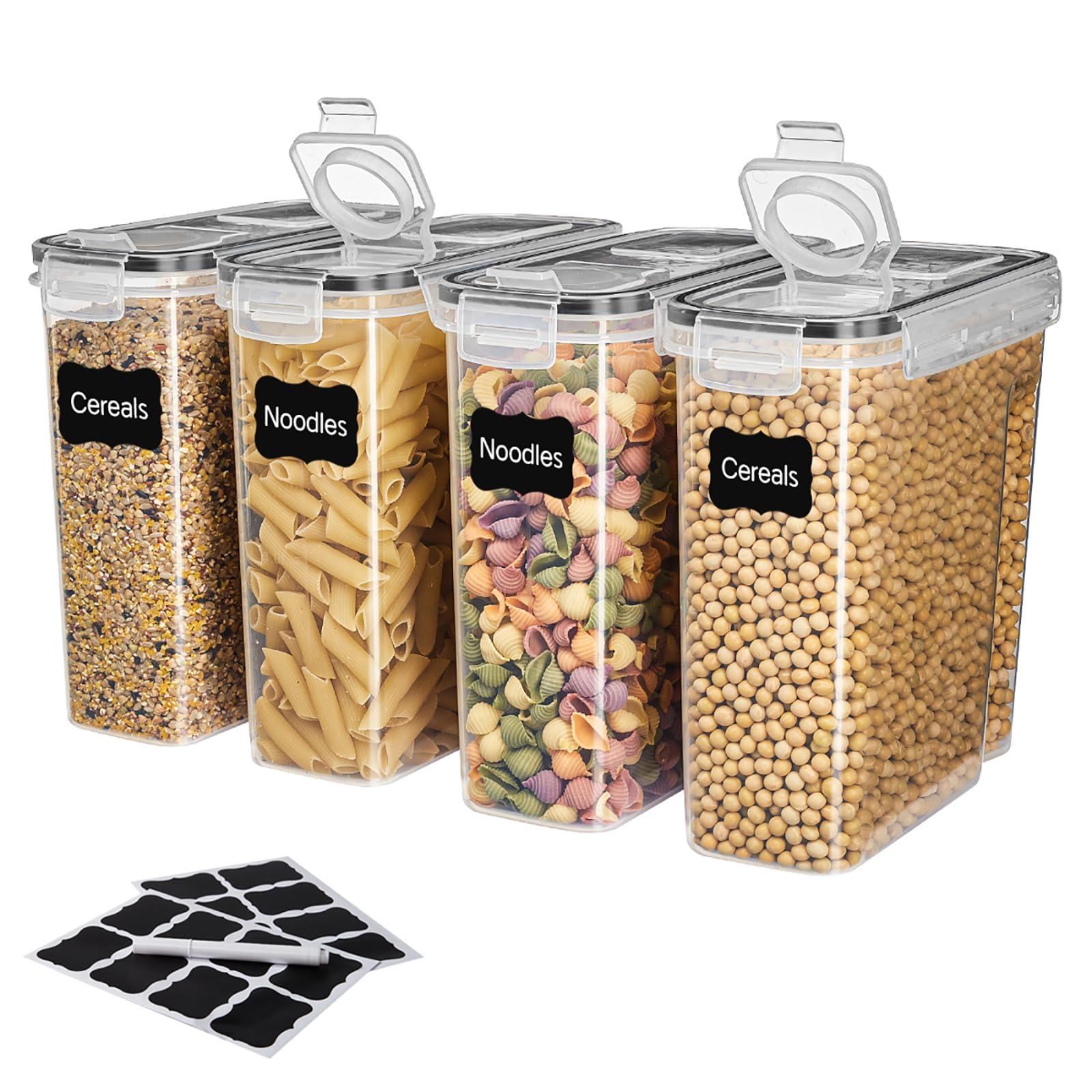 Asnews Cereal Storage Containers, 4Pcs Plastic Food Grade and BPA Free Sets with Lids and Labels,Ideal for Cereal, Cornflakes, and Dry Foods(2.5L)