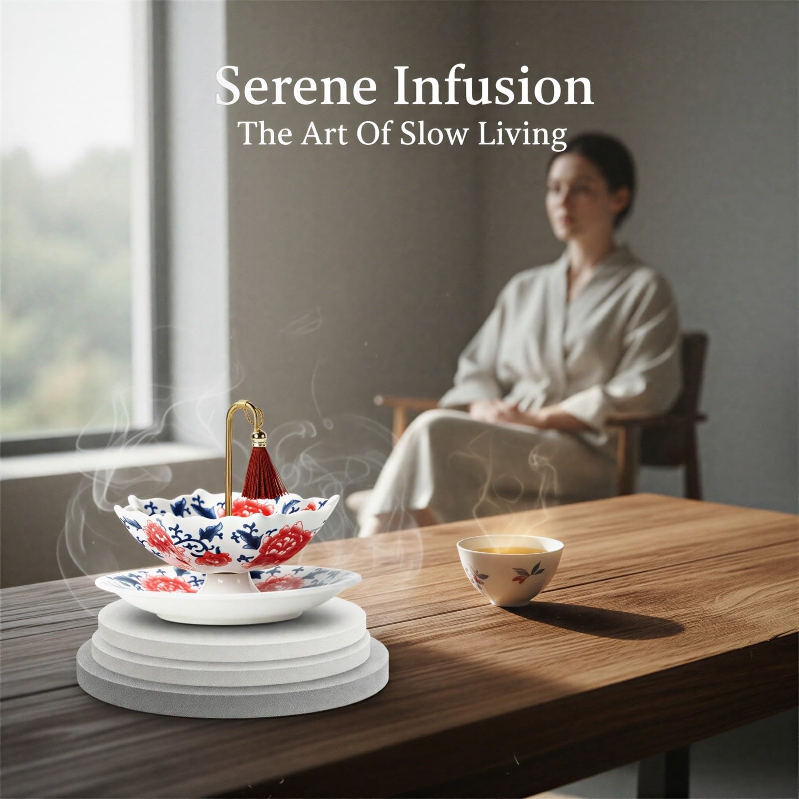 Filtre à thé en céramique, infuseur Kung Fu en porcelaine bleu et blanc avec base et poignée dorée, passoire élégante pour infusion maison, bureau, cadeau d'entreprise, motif pivoine