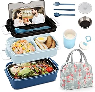 50 oz Bento Box Lunch Kit for Adults, 2-Tier Large Lunch Box with Cutlery/Sauce Bowl/Insulated Bag, Reusable Lunchable Meal Prep with Leak-Proof Seal, Microwave/Dishwasher-Safe, BPA-Free(Blue)