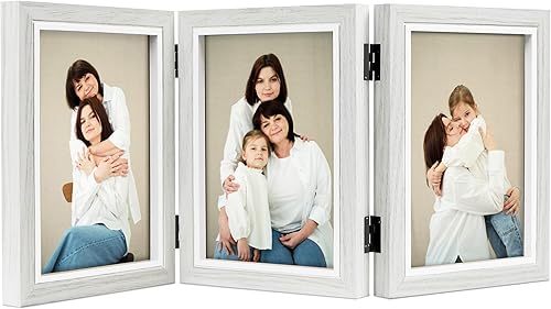 Marco de fotos blanco de 5 x 7 pulgadas, marco de collage de tres fotos, marco plegable triple con bisagras para escritorio de mesa, regalo para