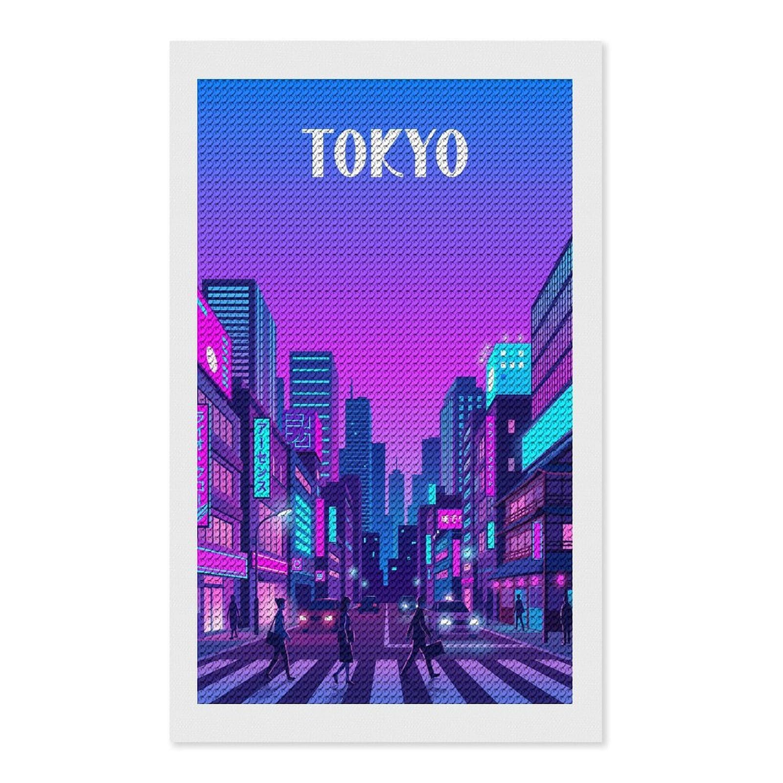 Junmoney Tokyo Neon Cityscape Full Drill Diamond Painting Kit 12"x20", Adhesive Canvas, Aesthetic Room Decor, for Family Craft Time, Birthday Gift