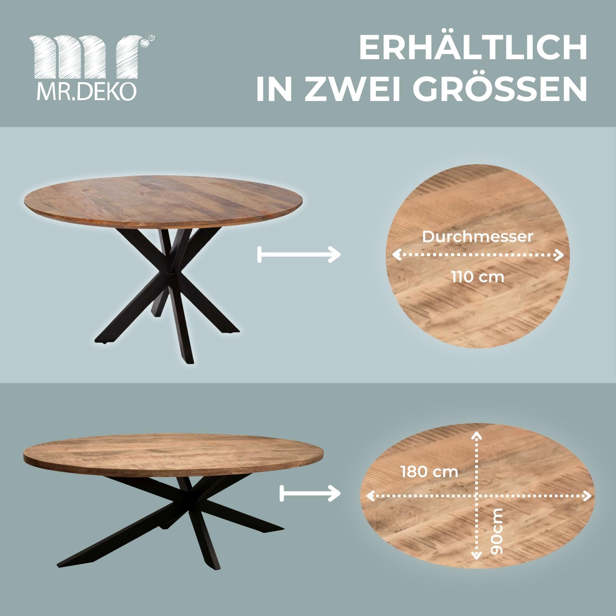 MR. DEKO Esstisch Avola Mango Cross Gestell oval 180x90 cm | Esszimmertisch für 4 Personen | Großer Design Holztisch | Runder Tisch stabil