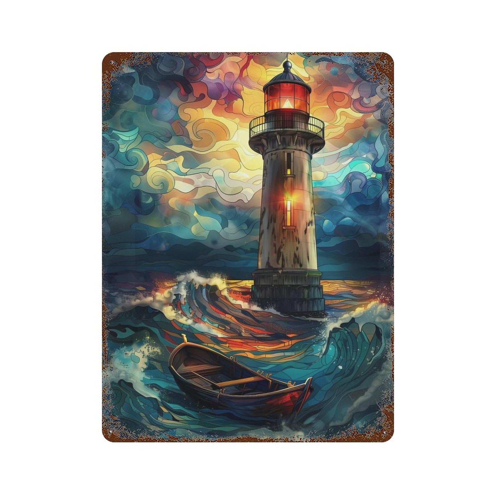Lighthouse Storm Art Vintage Wall Sign 15.7"x11.8", Rust Effect Metal Decor for Farmhouse, Kitchen And Entryway Decor
