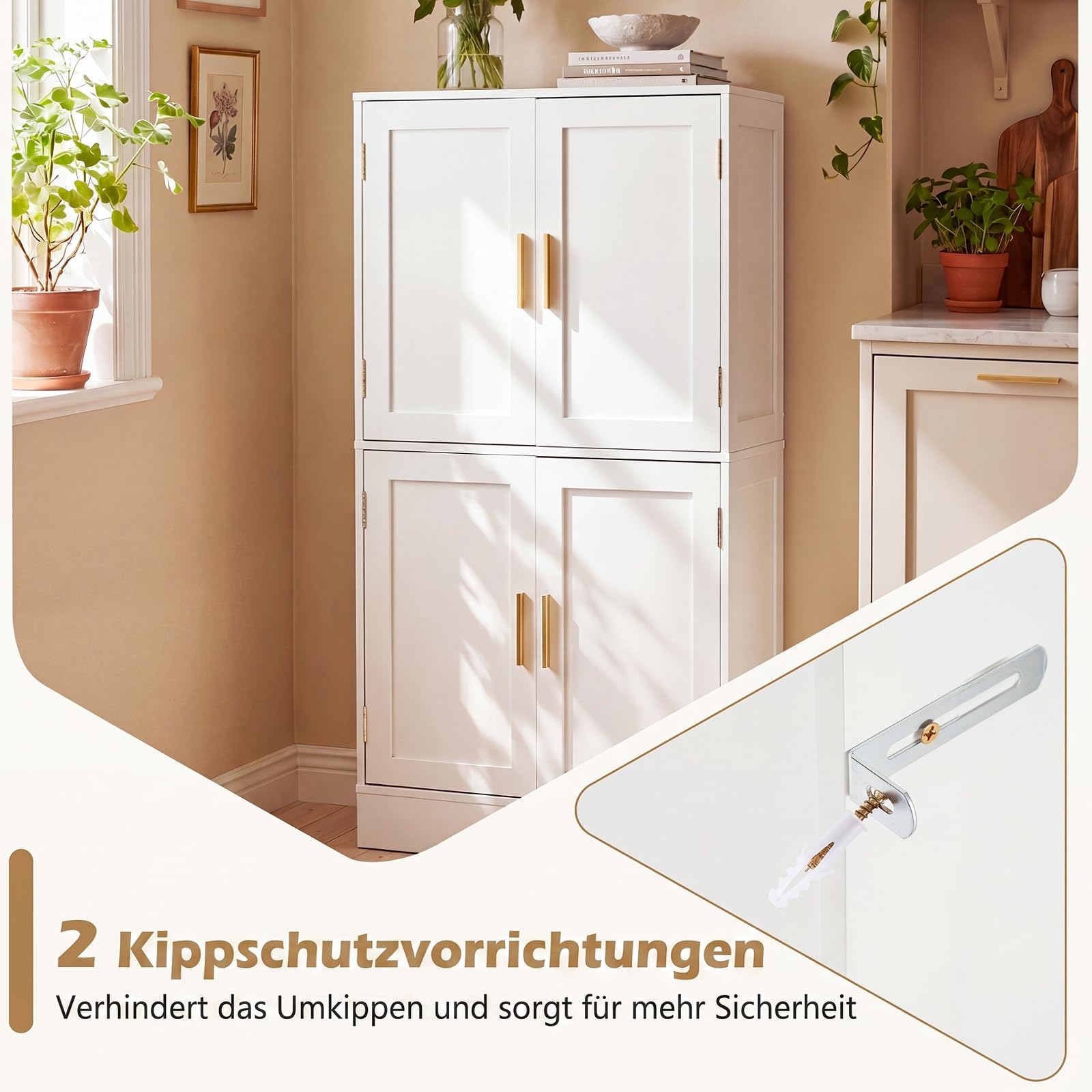 COSTWAY Küchenschrank aus Holz, Vorratsschrank Küche, Buffetschrank mit 4 Türen & 2 verstellbaren Regalen, Aufbewahrungsschrank freistehend für Wohnzimmer, Esszimmer, 60 x 30 x 110cm (Weiß)