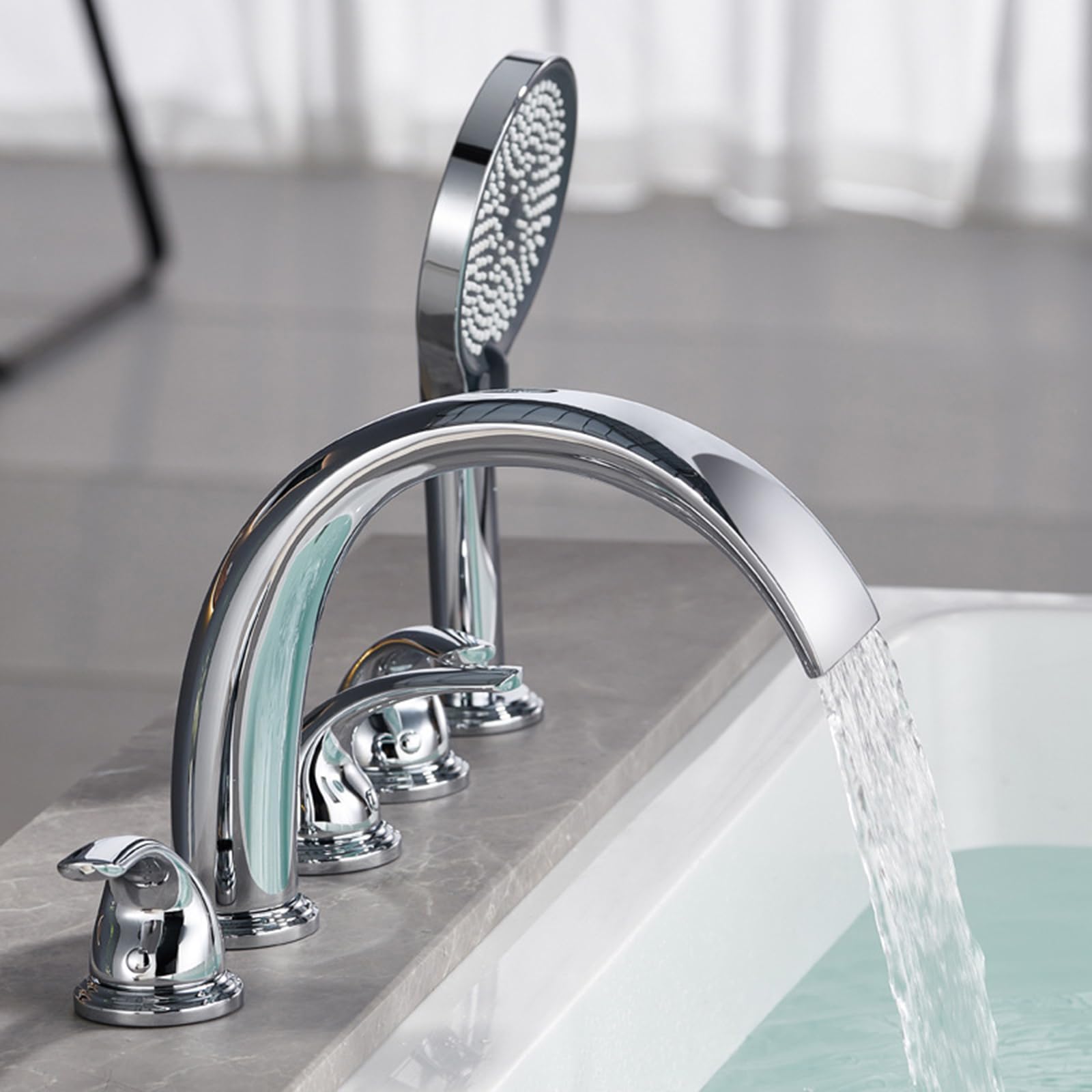 NZPOST Chrome 5+Hole Bath Shower Mixer+Tap Waterfall Tap with Shower Head and Hose Set for Bath Taps (Chro