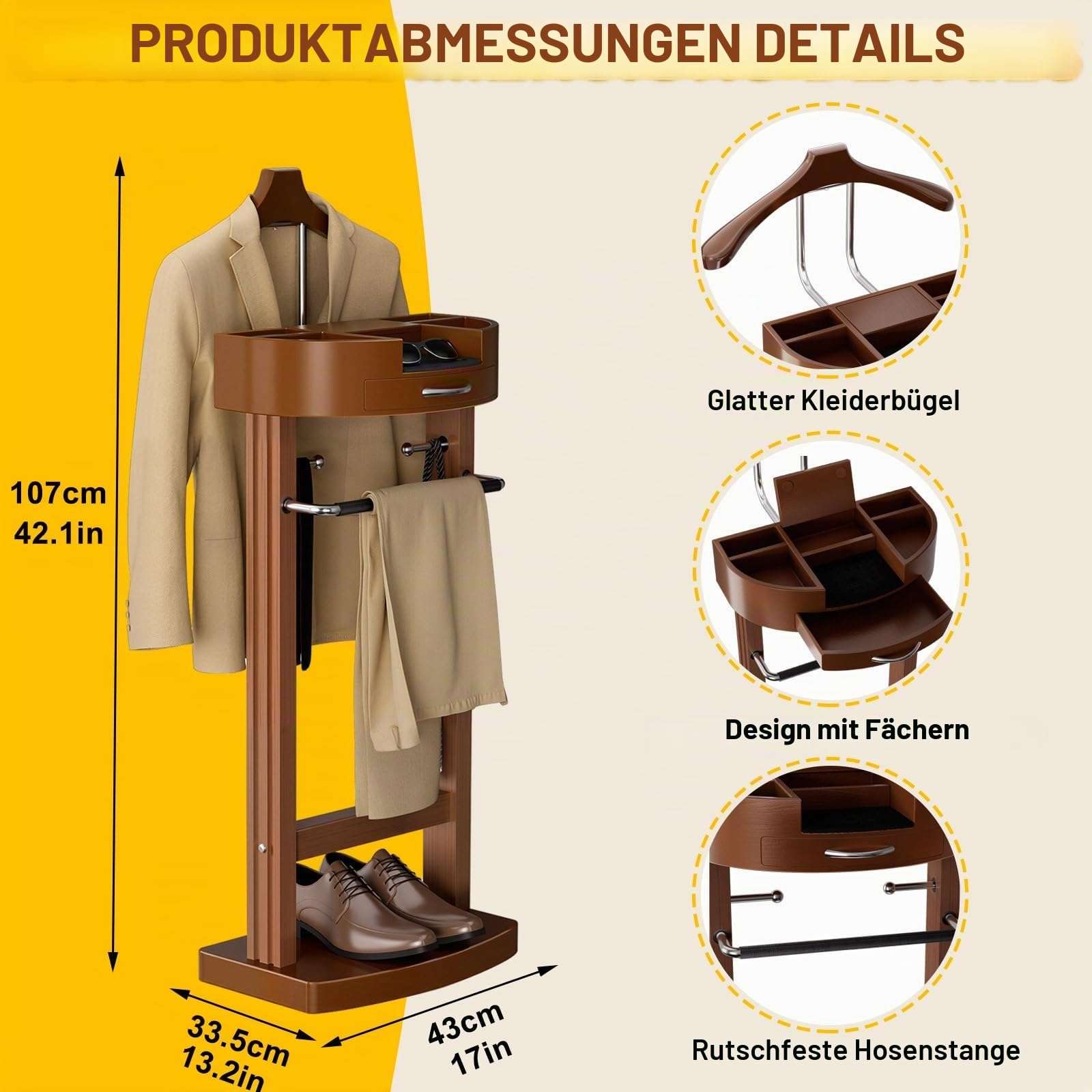 Wood Herrendiener für Herren, Stummer Diener Modern mit Schublade und Ablage, Bodenstehender Kleiderständer, Klamotten Ständer für Schlafzimmer, Eingangsbereich, Flur