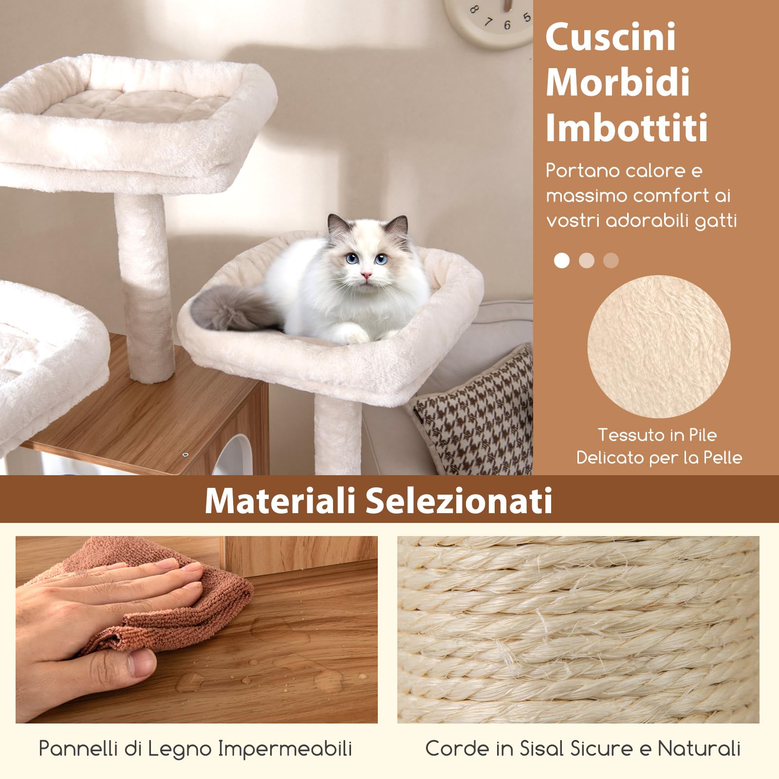 GYMAX Albero per Gatti Alta 168 cm, Torre Multilivello con Piattaforma, Amaca, Pannello Graffiato e Tiragraffi in Sisal, Palline Sospese, Naturale