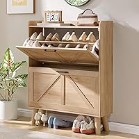LEYAOYAO Narrow Shoe Storage Cabinet with 2 Flip Drawers - Slim Entryway Organizer for 24-32 Pairs, Natural Wood, Anti-Tip Legs