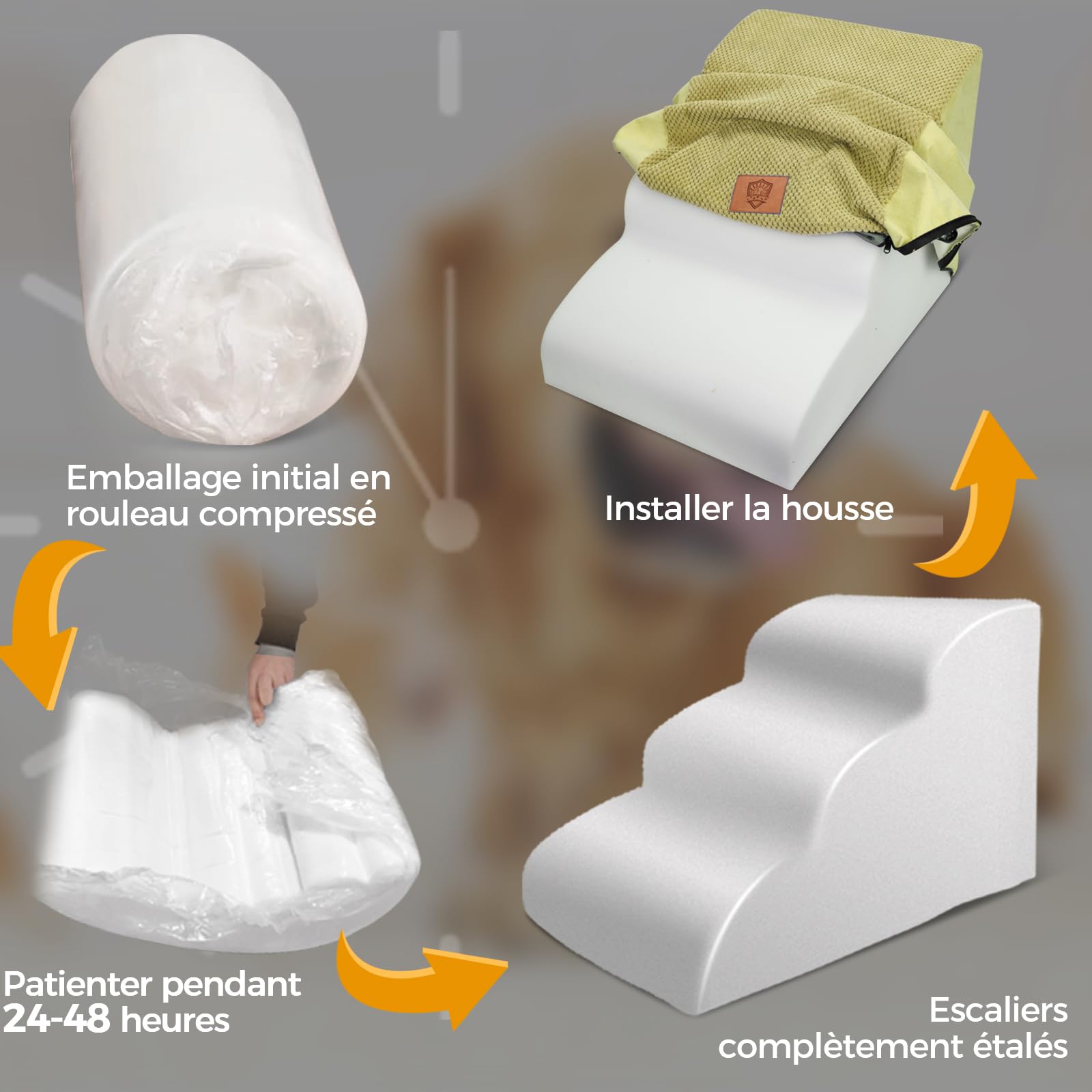 MASTERTOP Scale per Cani a 3 Gradini in Spugna, Scala Antiscivolo per Animali Domestici, Scaletta Spugna Ccuccioli per Divano Letto con Fodera Rimovibile e Lavabile (Giallo Senape)