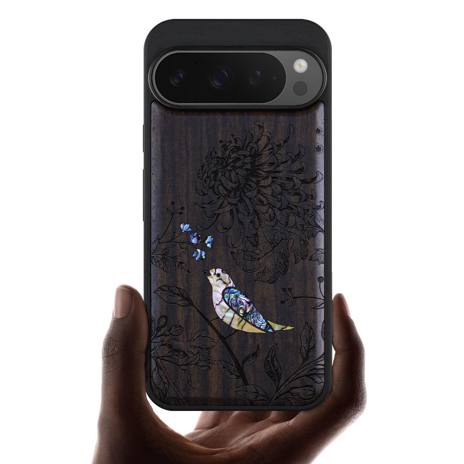 Carveit Magnetic Wooden Case For Pixel 9 Pro / 9 Pro Case, Wood Artisan Engraved & Handmade Shell Inlaid, Compatible With MagSafe Wireless Chargers, Vintage Wooden Wheel - Rosy